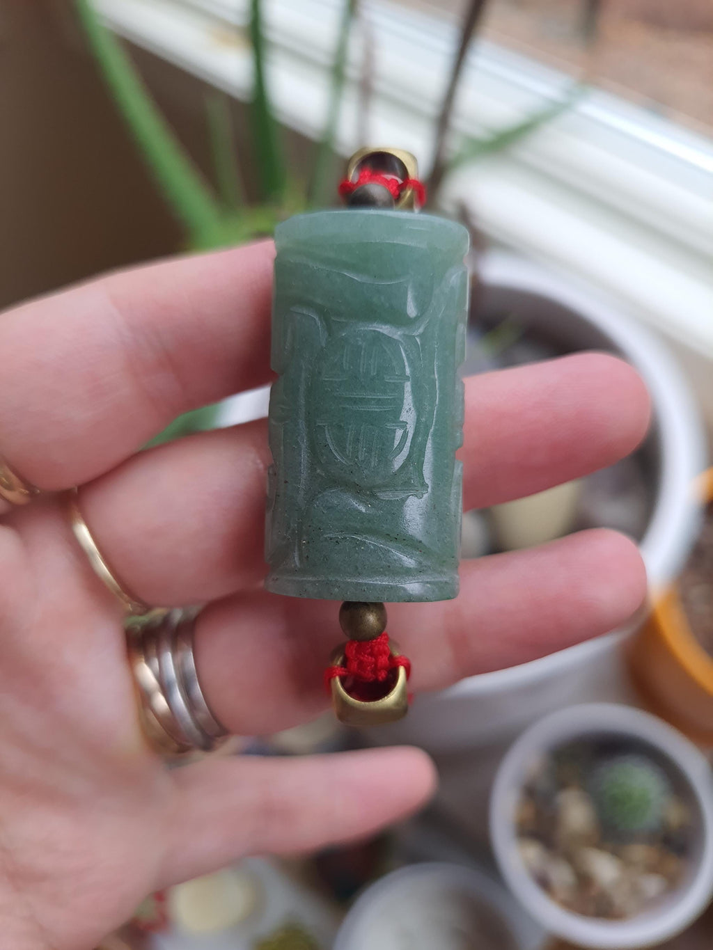 Natural Carved Aventurine Chinese Lucky Charm Red String Shamballa Meditation Bracelet轉運紅繩手鍊