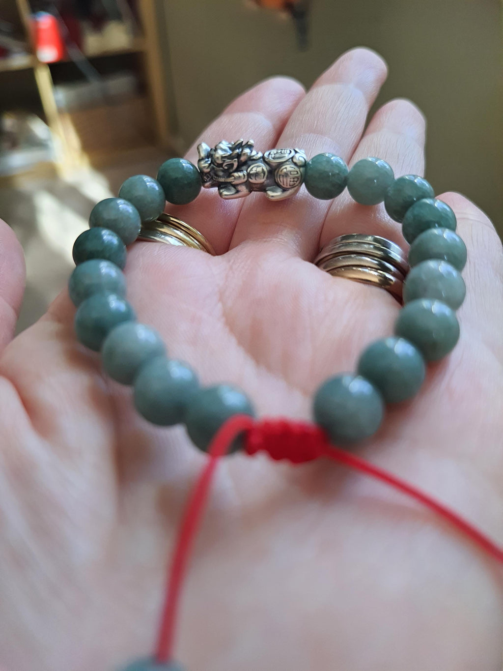 Sterling Silver Pixiu Chinese Red String Natural Burmese Jadeite Jade Bracelet