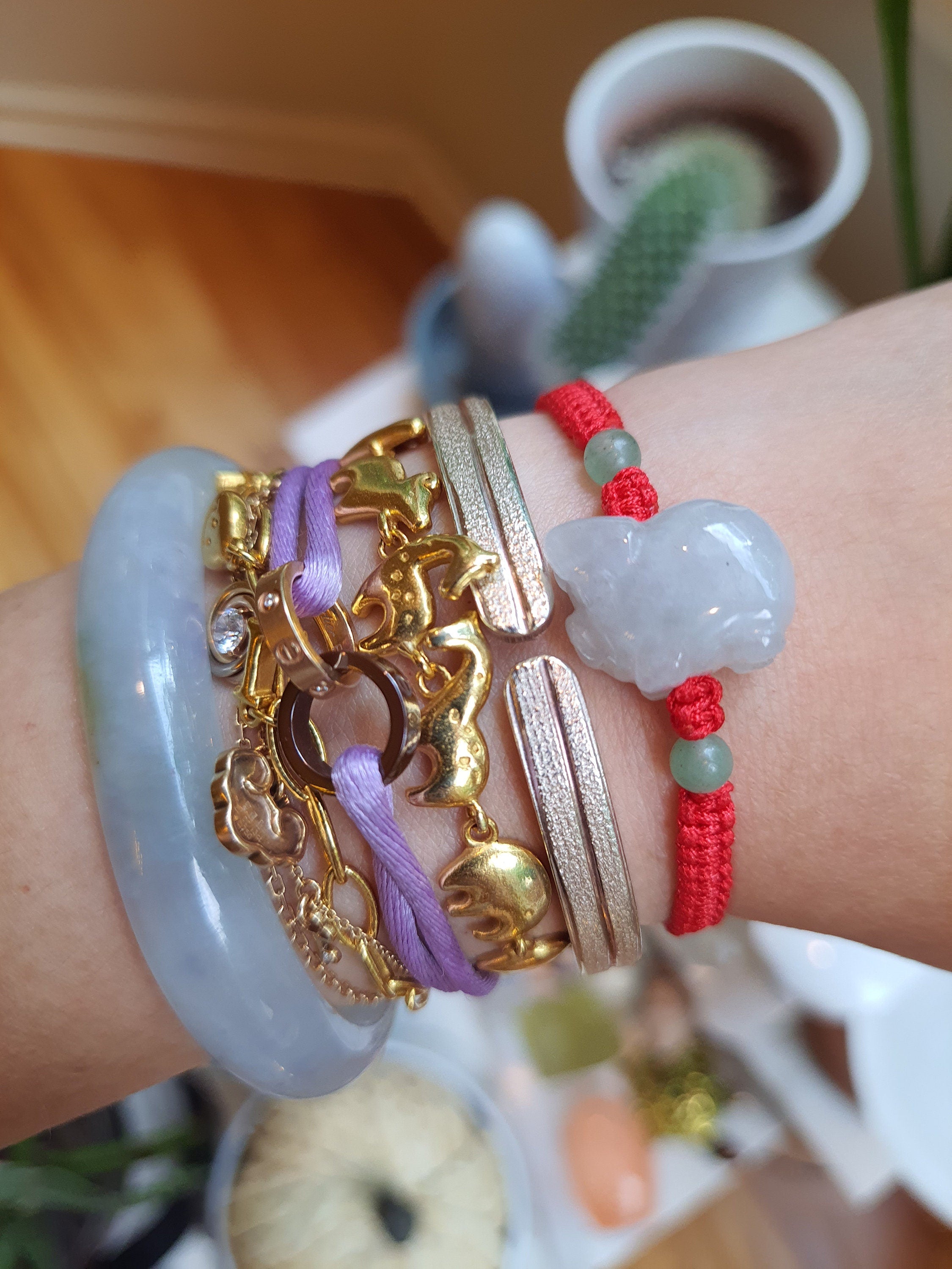 Natural Burmese Jadeite Jade Pig Zodiac Charm Red String Shamballa Bracelet