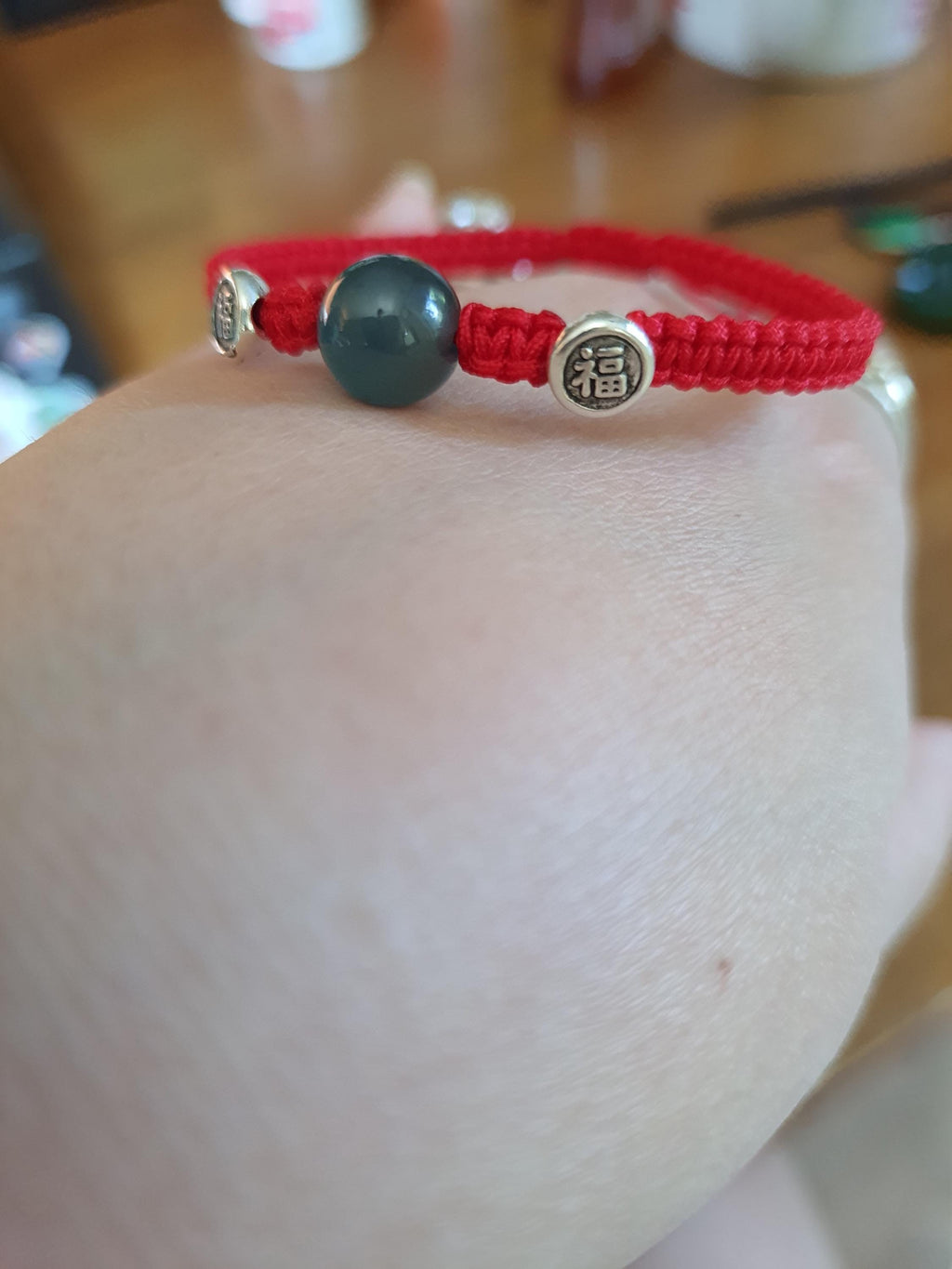 Sterling Silver Fu (Safe and Sound) Bead and Untreated Guatemala Jadeite Jade Bead Lucky Chinese Red String Shamballa Bracelet