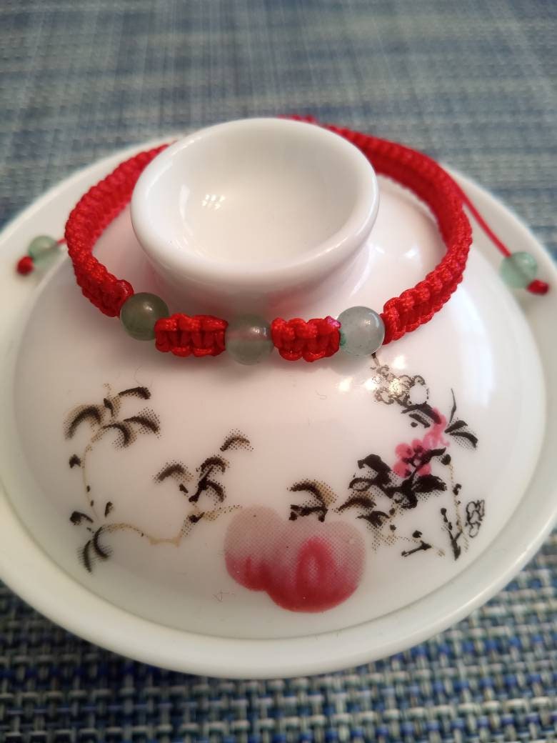 Three Wishes Lucky Chinese Red String Rope Thread Cord Bracelet with Natural Aventurine Beads