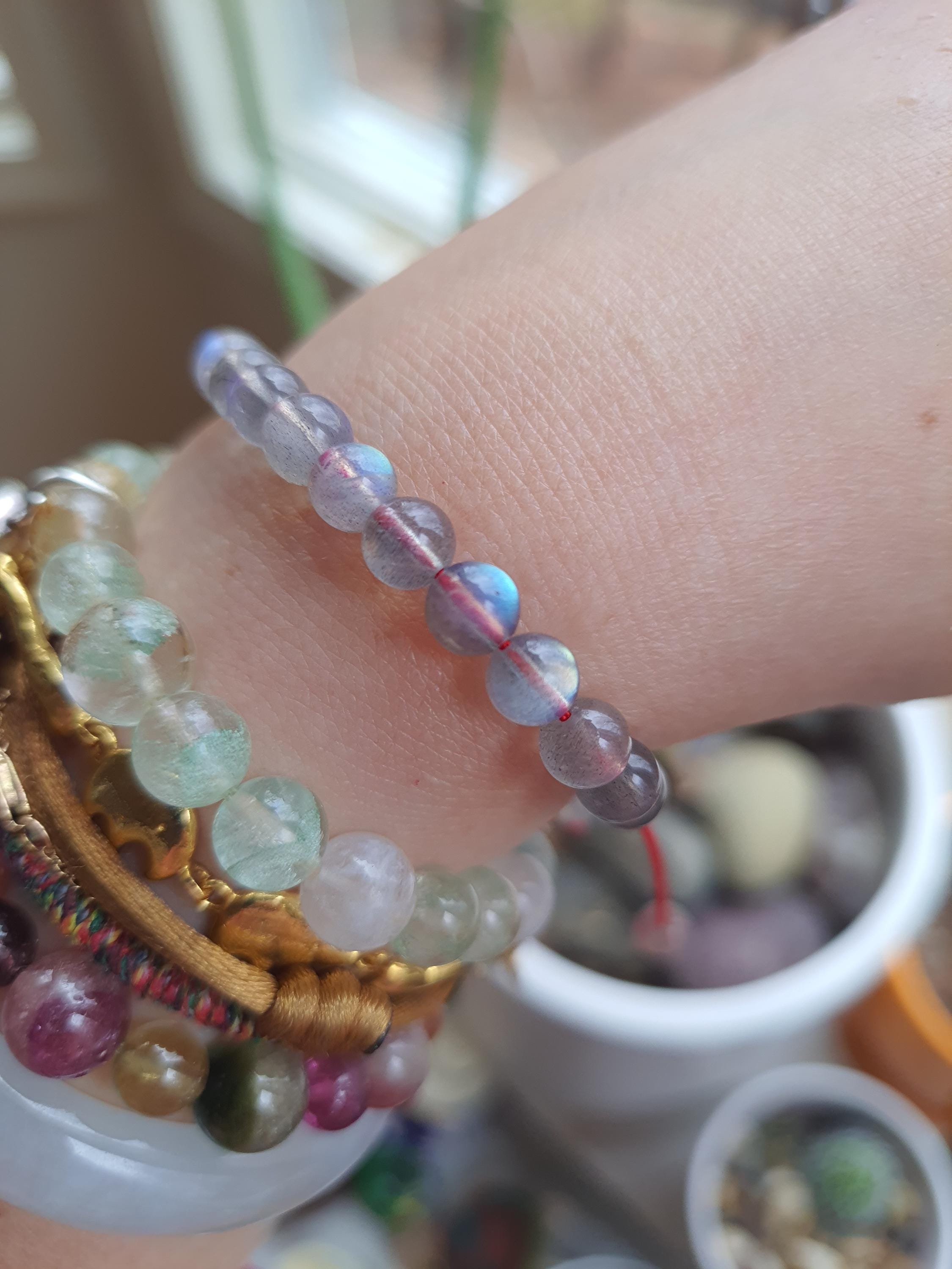 Natural Labradorite Beads Red String Shamballa Meditation Bracelet