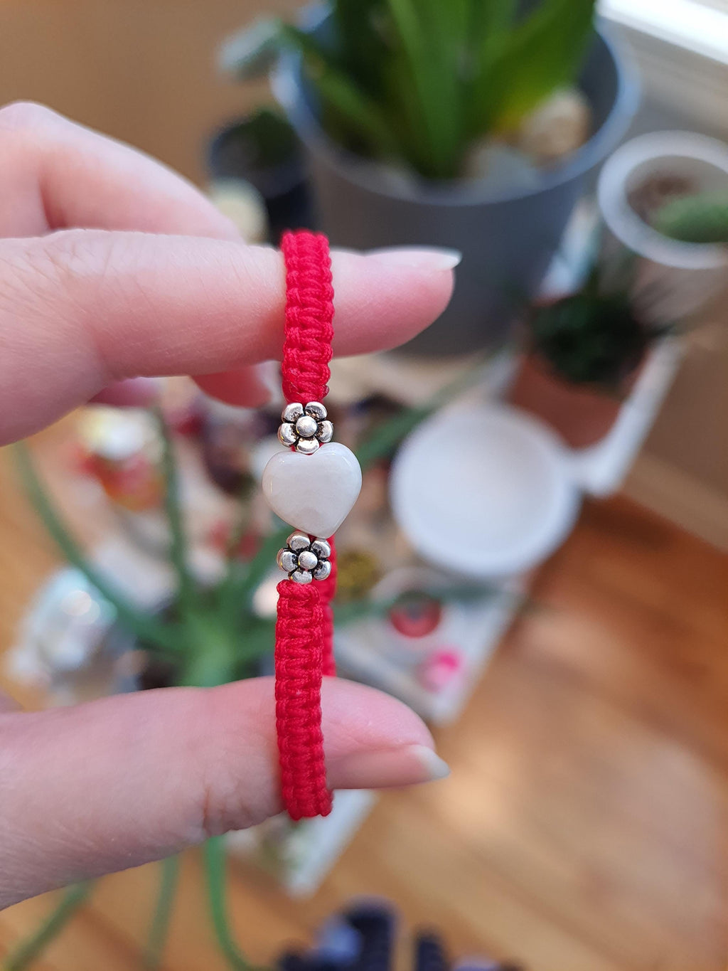 925S Sterling Silver Mini Flower beads and Heart Jadeite Jade Lucky Red String Shamballa Bracelet