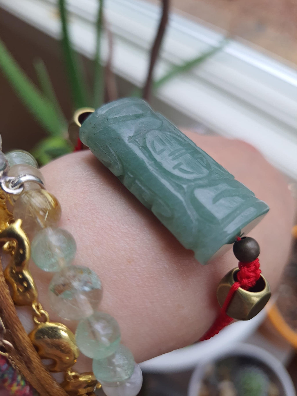 Natural Carved Aventurine Chinese Lucky Charm Red String Shamballa Meditation Bracelet轉運紅繩手鍊