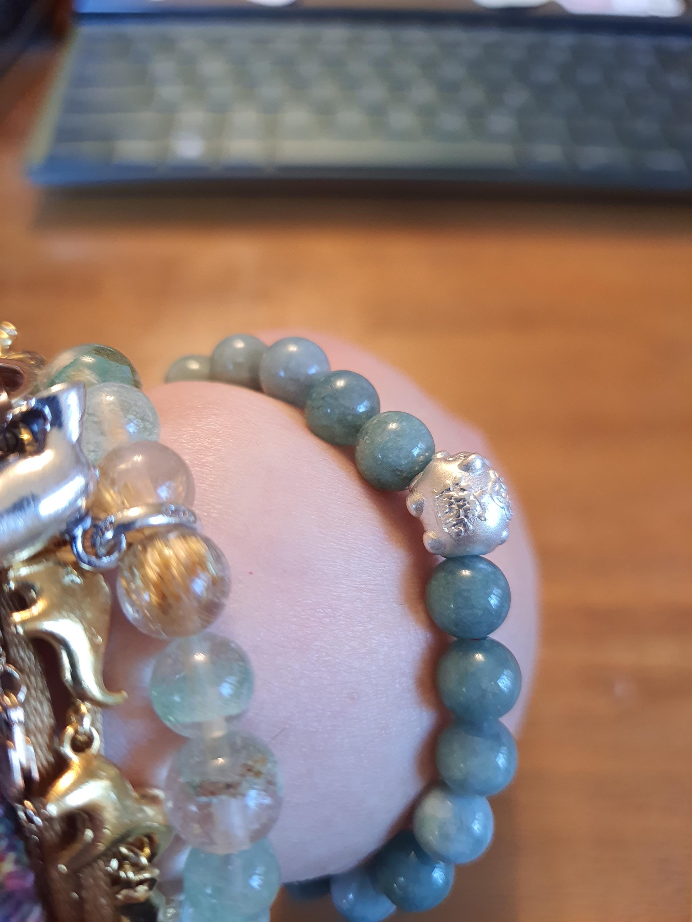 Sterling Silver Lucky Pig Charm Red String Natural Burmese Jadeite Jade Meditation Bracelet