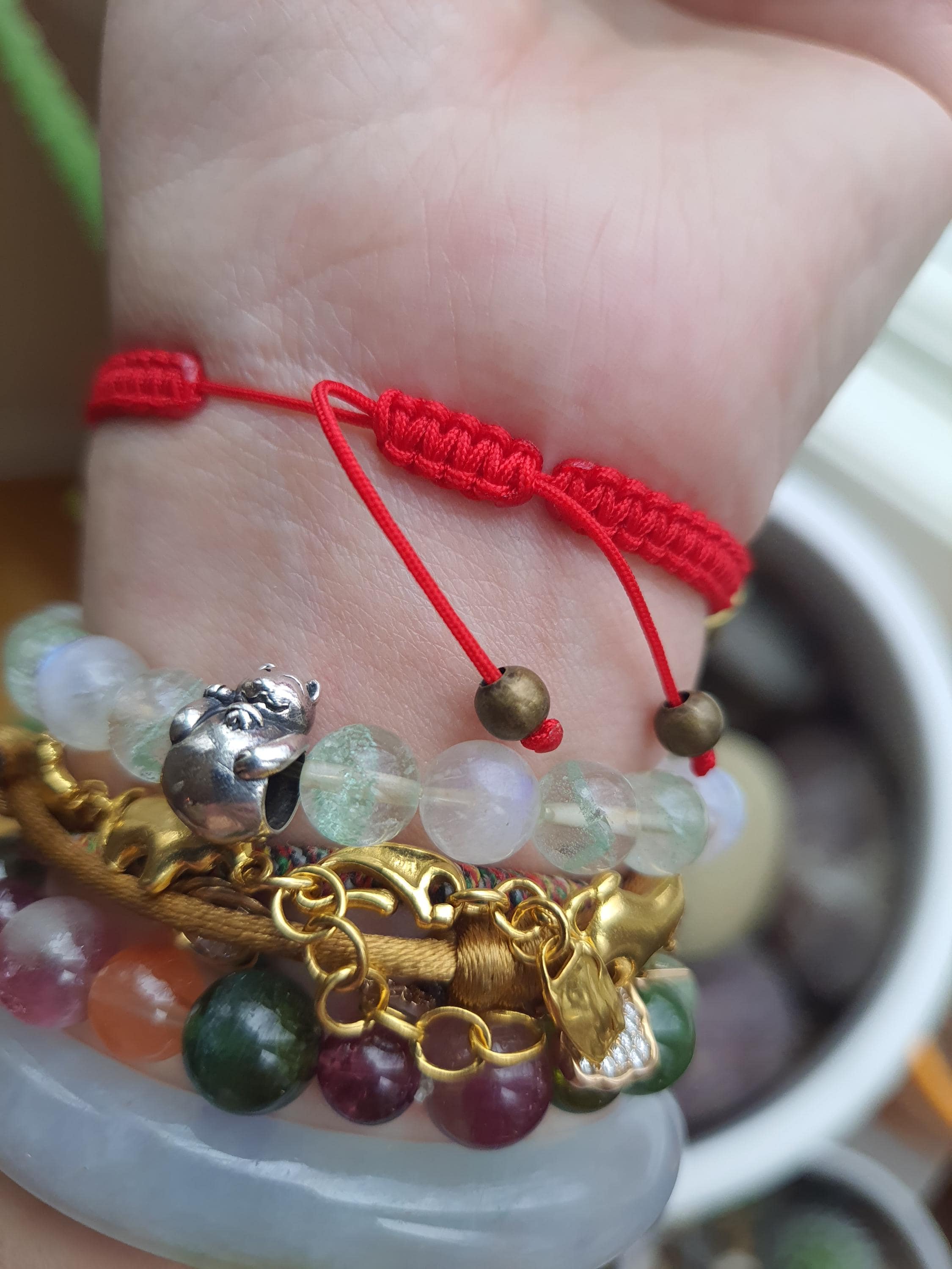 Natural Carved Aventurine Chinese Lucky Charm Red String Shamballa Meditation Bracelet轉運紅繩手鍊