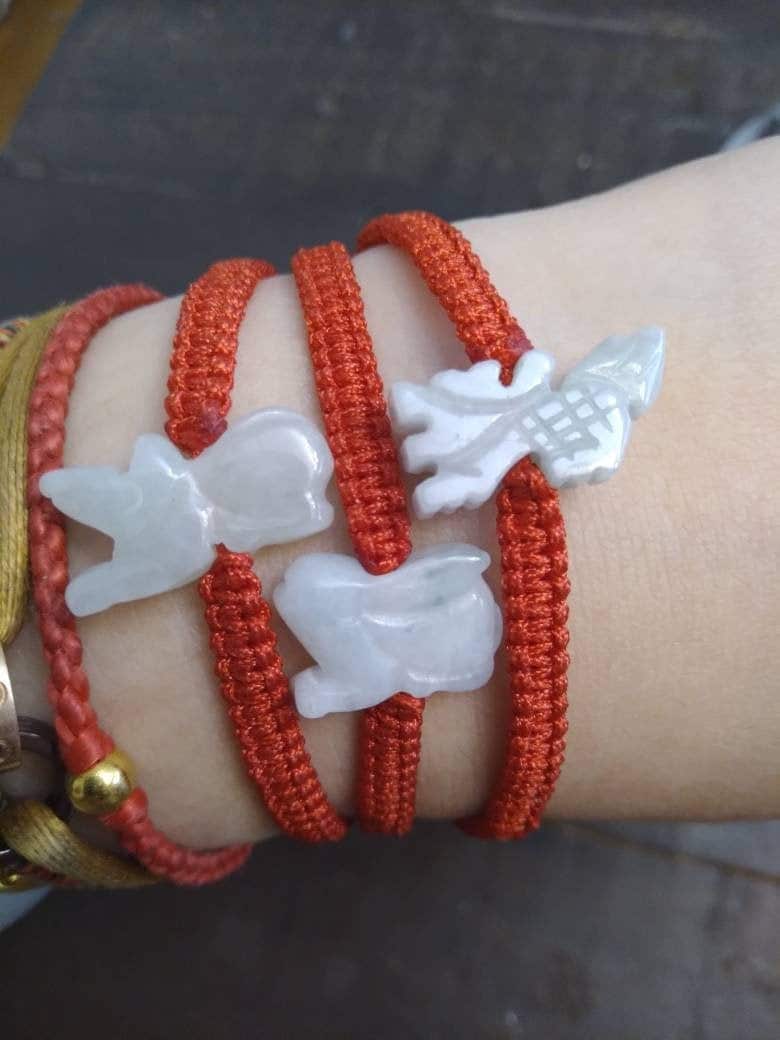 Natural Burmese Jadeite Jade Chinese Zodiac Charm Red String Shamballa Bracelet (Rabbit, Dragon, Rat and Many More)