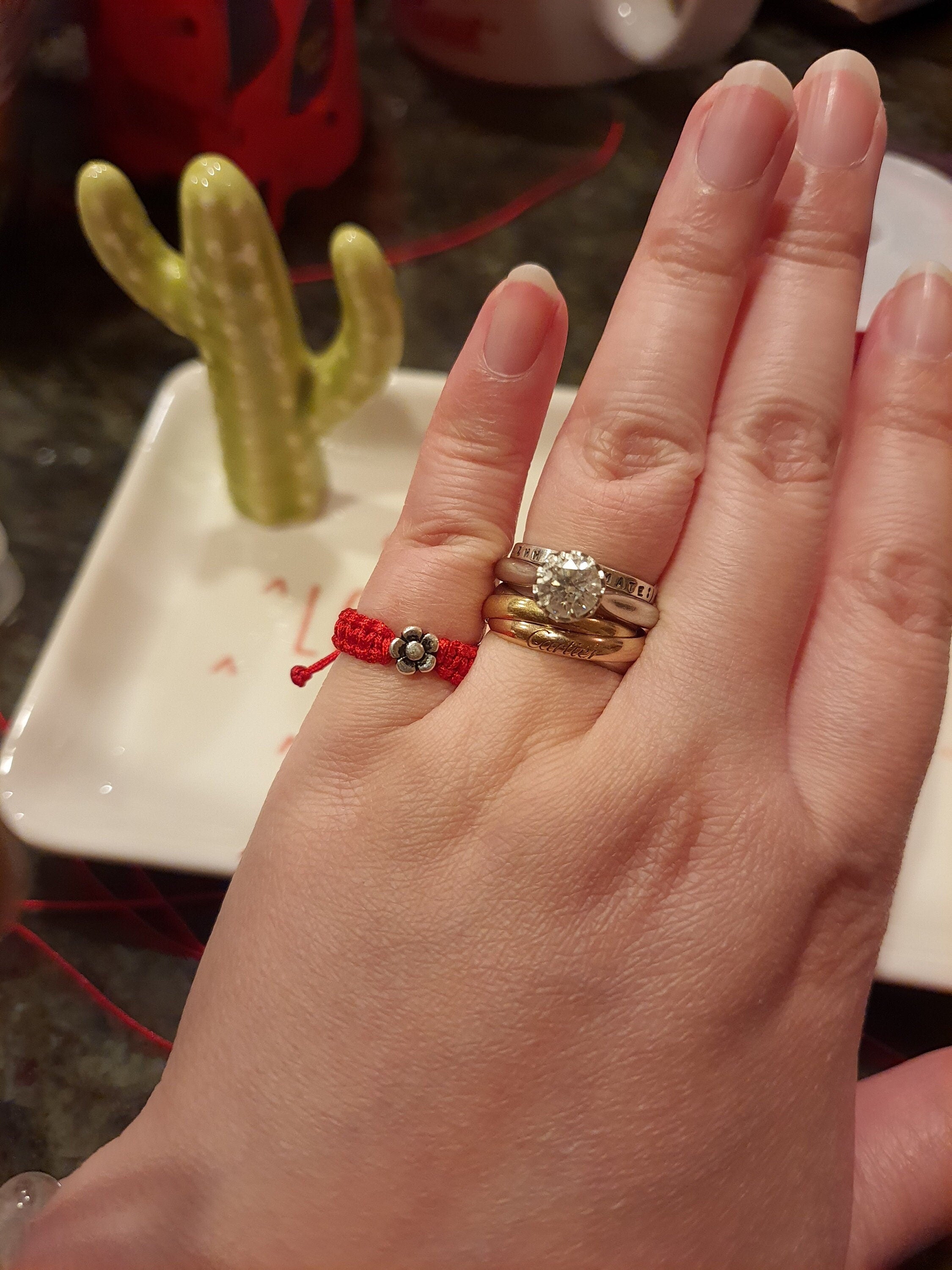 925S Sterling Silver Mini Flower Lucky Red String Shamballa Ring