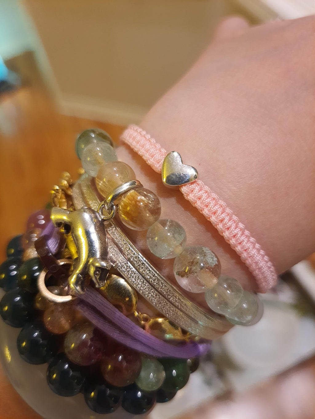 925S Silver Heart Pink String Shamballa Bracelet