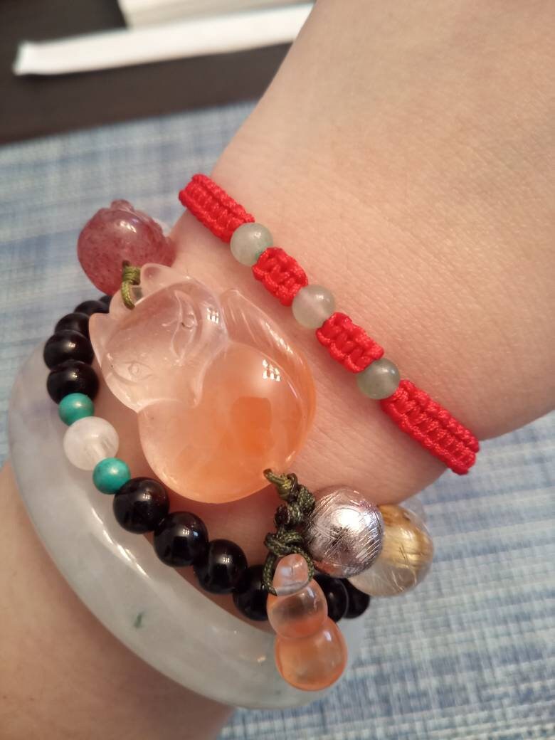 Three Wishes Lucky Chinese Red String Rope Thread Cord Bracelet with Natural Aventurine Beads