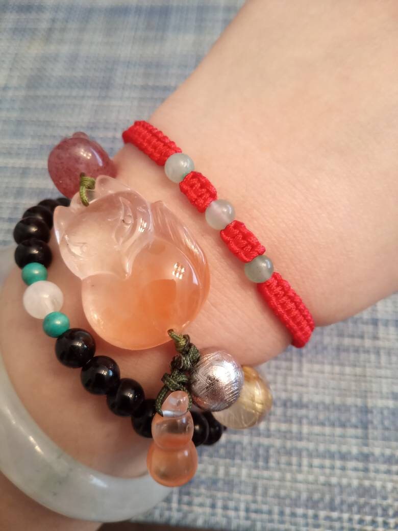 Three Wishes Lucky Chinese Red String Rope Thread Cord Bracelet with Natural Aventurine Beads