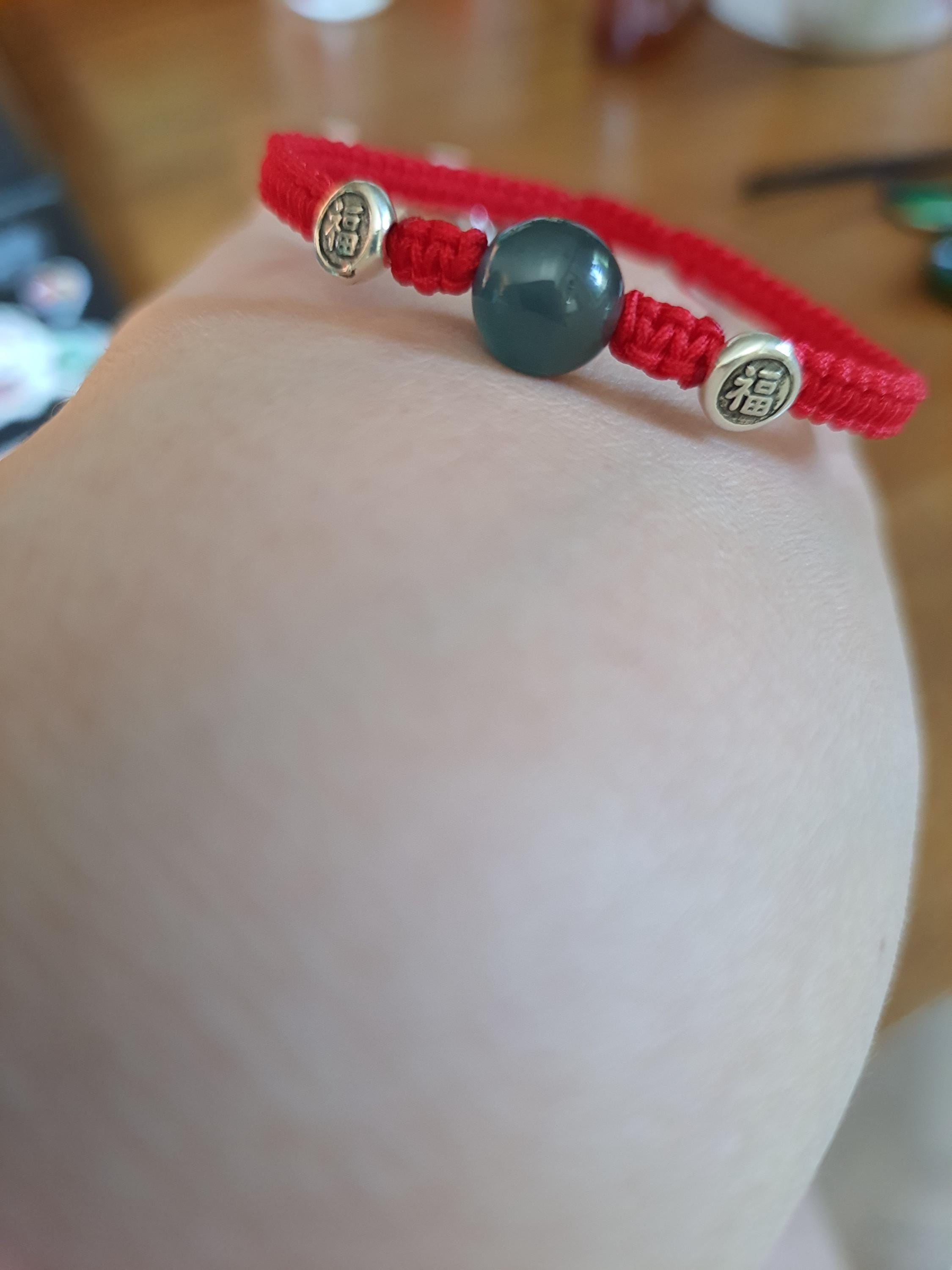 Sterling Silver Fu (Safe and Sound) Bead and Untreated Guatemala Jadeite Jade Bead Lucky Chinese Red String Shamballa Bracelet