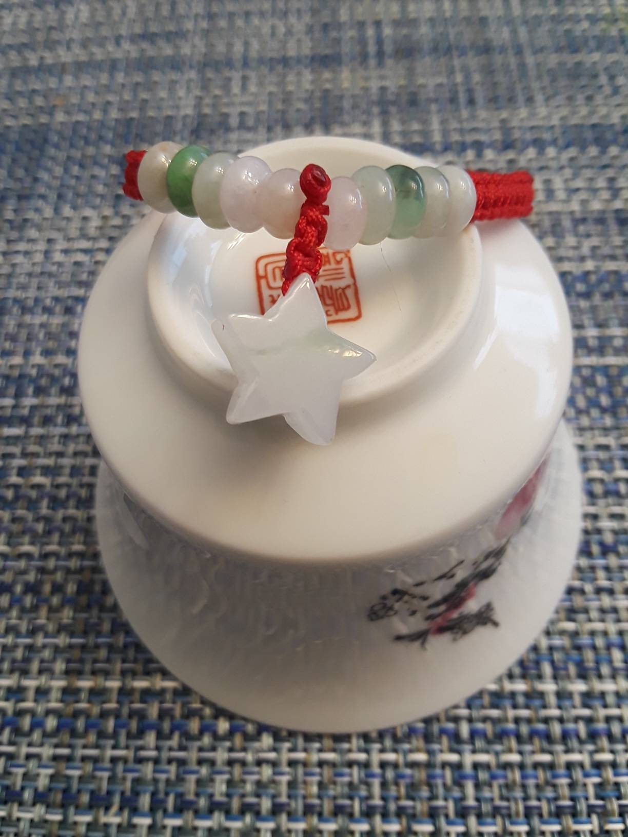 Natural Burmese Jadeite Jade Carved Star Charm and Flat Round Beads Chinese Red String Shamballa Bracelet緬甸玉雕刻星星幸運紅繩手鍊