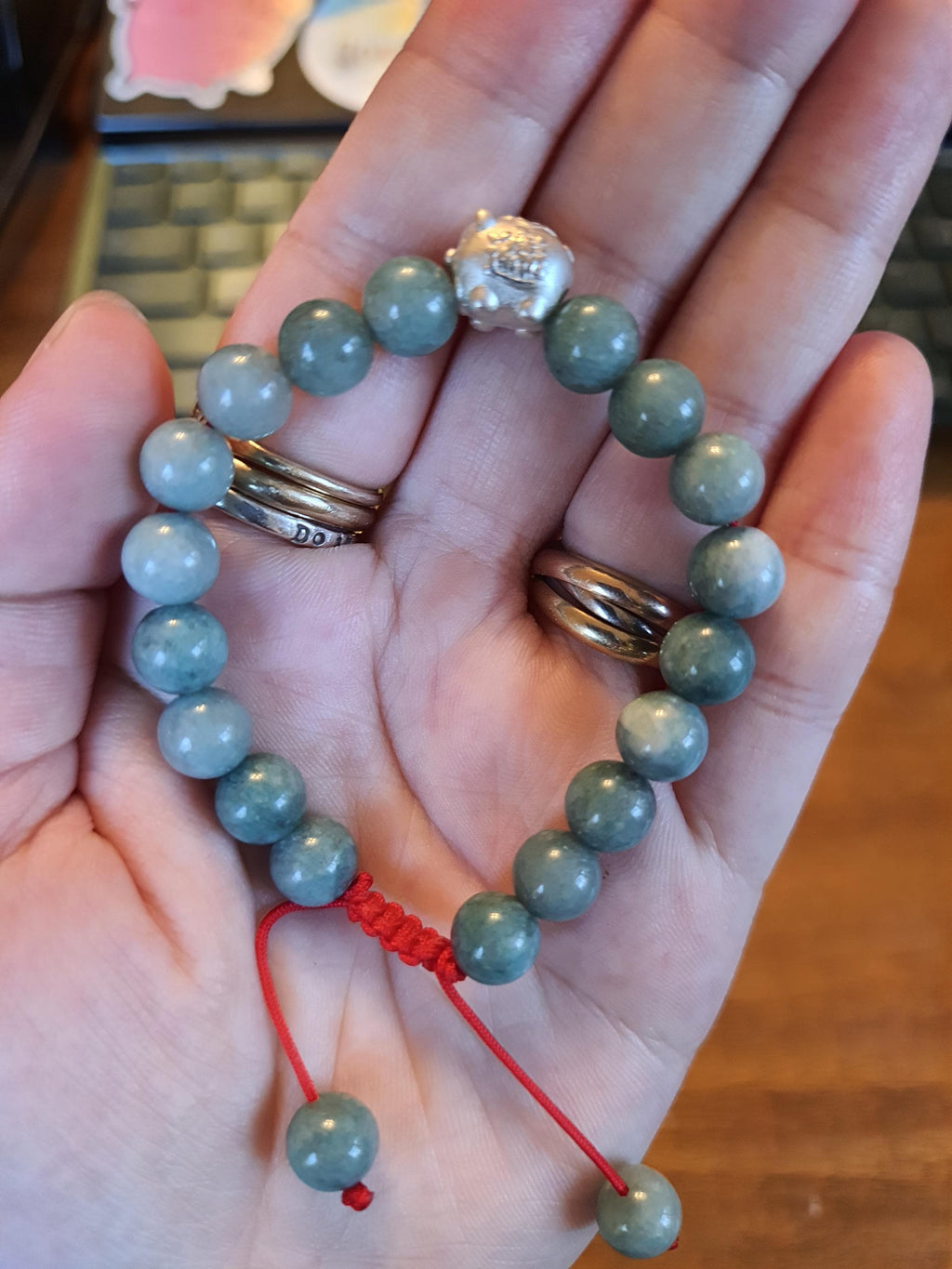 Sterling Silver Lucky Pig Charm Red String Natural Burmese Jadeite Jade Meditation Bracelet