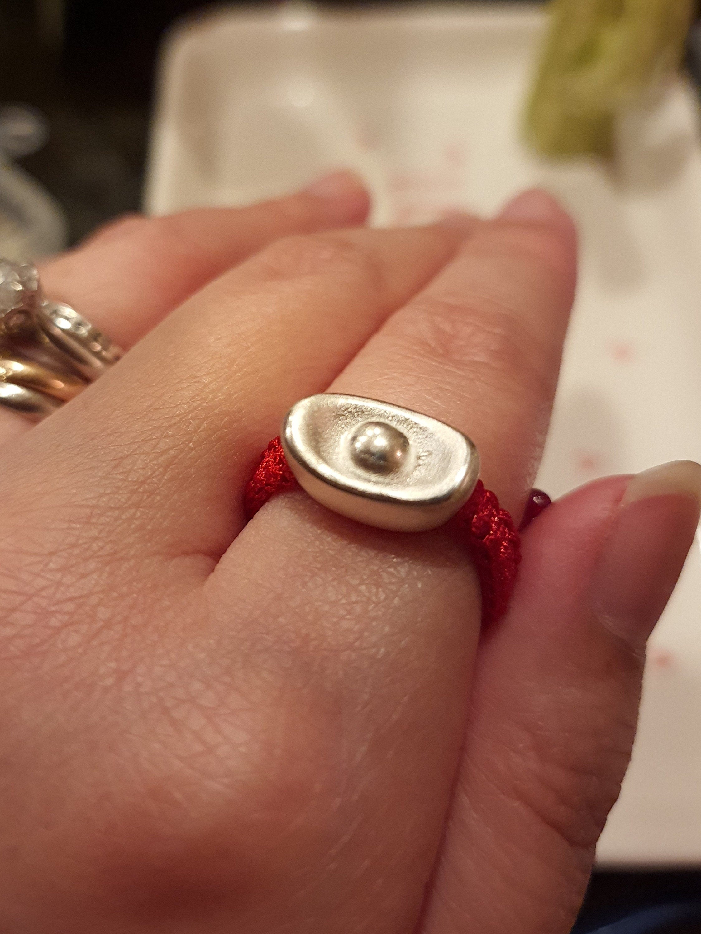 925S Sterling Silver Money/Ingot Lucky Red String Shamballa Ring