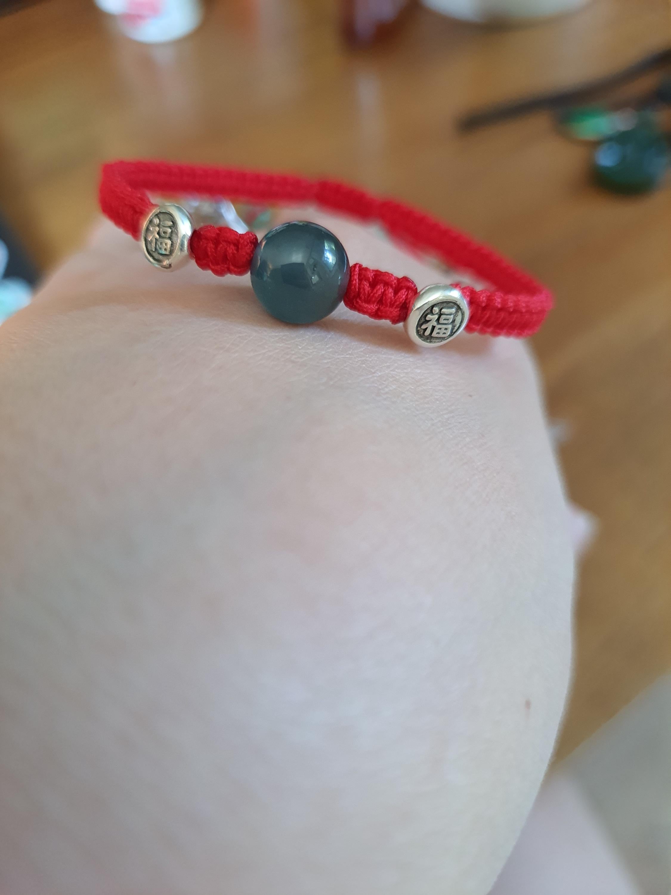 Sterling Silver Fu (Safe and Sound) Bead and Untreated Guatemala Jadeite Jade Bead Lucky Chinese Red String Shamballa Bracelet