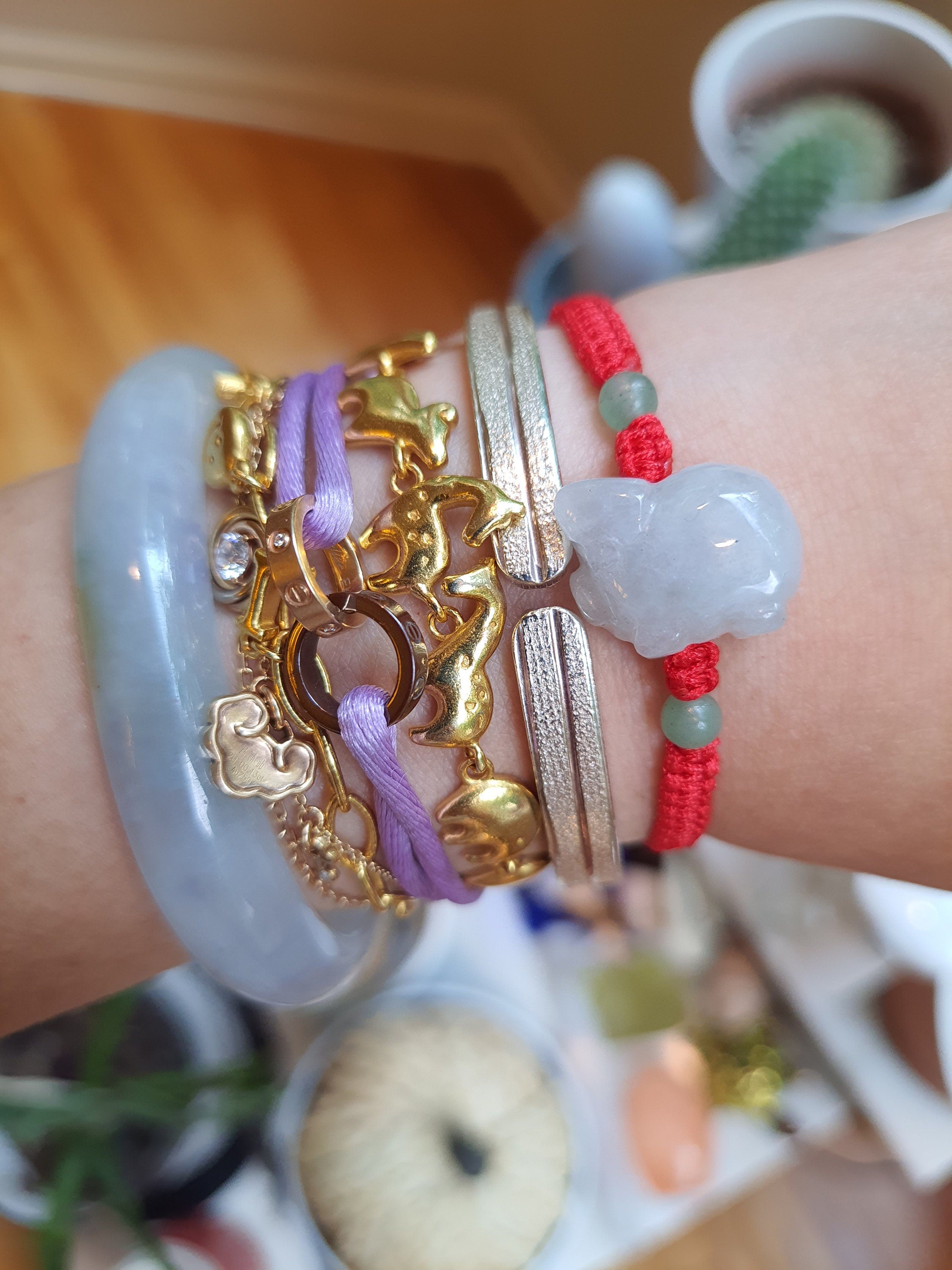 Natural Burmese Jadeite Jade Pig Zodiac Charm Red String Shamballa Bracelet