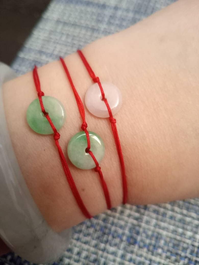 Natural Jadeite Jade Donut Red String Rope Thread Bracelet