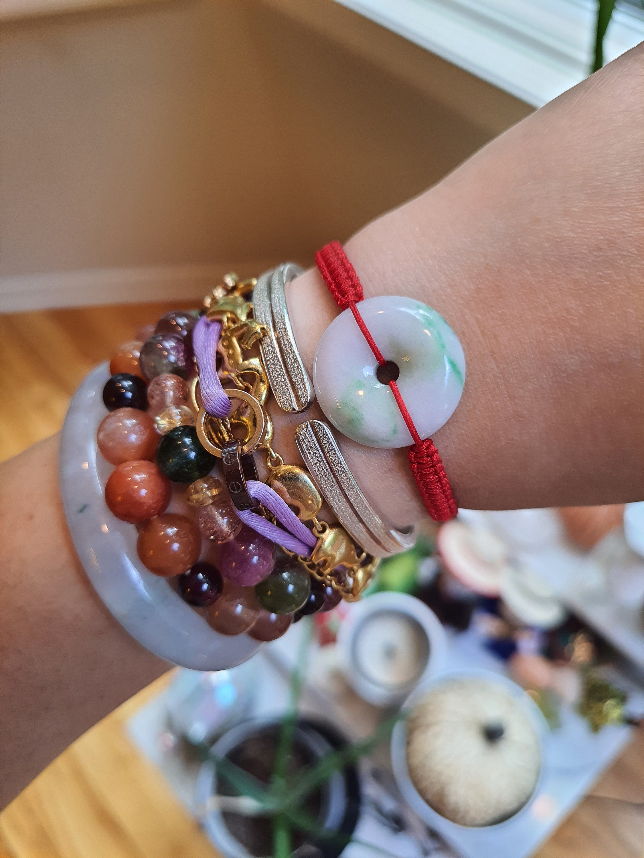 Natural Burmese Jadeite Donut Charm Red String Shamballa Bracelet