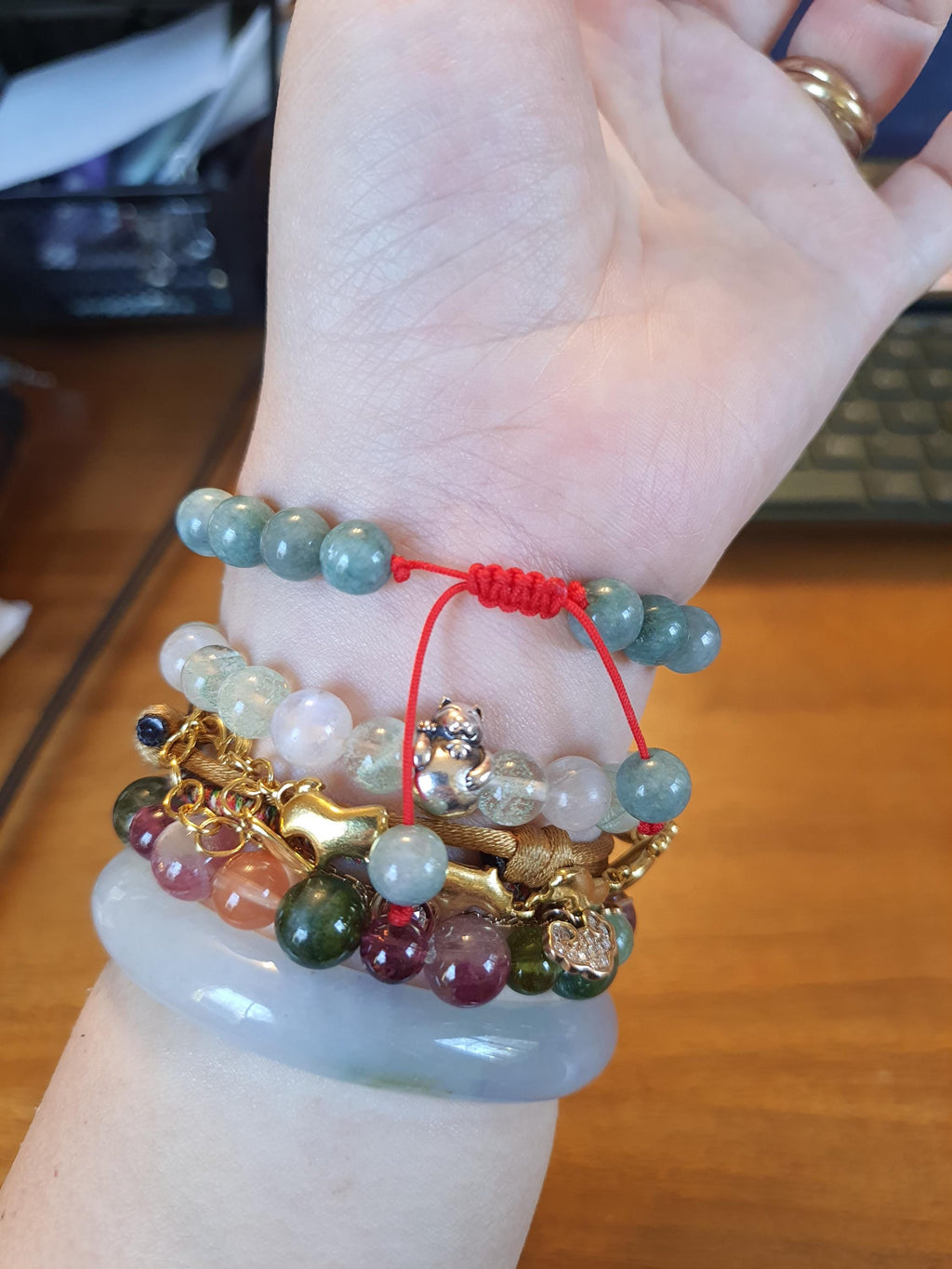 Sterling Silver Lucky Pig Charm Red String Natural Burmese Jadeite Jade Meditation Bracelet