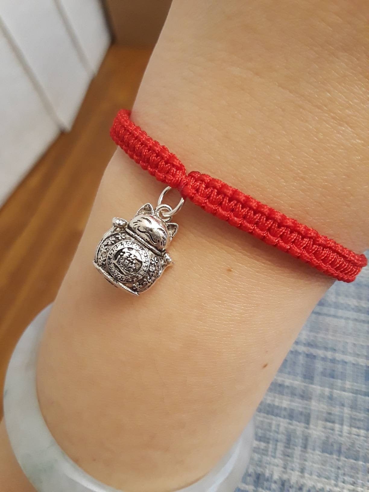 Sterling Silver Panda Lucky Chinese Red String Shamballa Bracelet