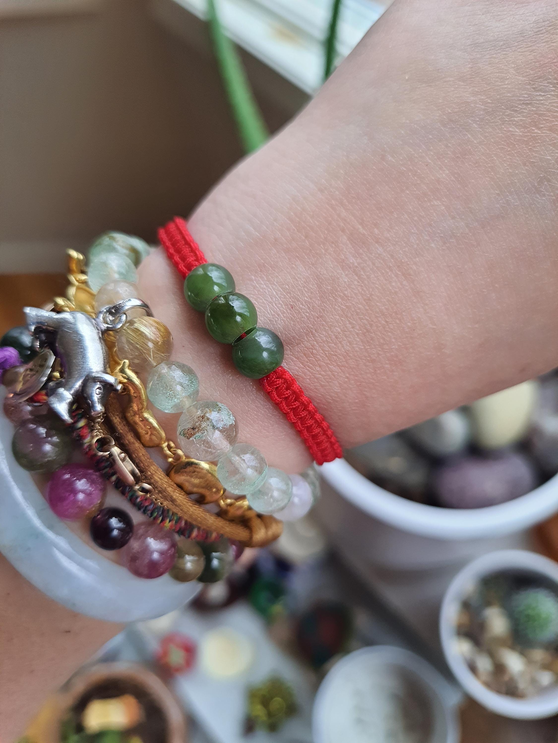 Canadian Green Nephrite Jade Bead Chinese Red String Shamballa Bracelet轉運紅繩手鍊