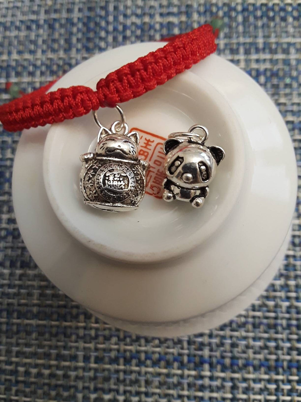 Sterling Silver Panda Lucky Chinese Red String Shamballa Bracelet