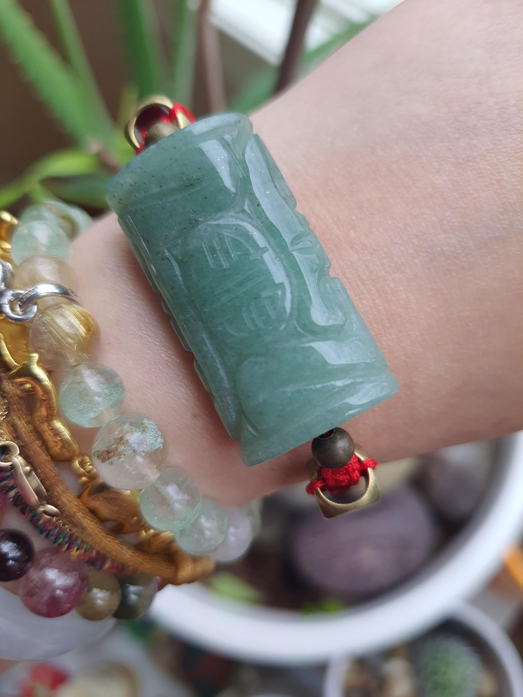 Natural Carved Aventurine Chinese Lucky Charm Red String Shamballa Meditation Bracelet轉運紅繩手鍊