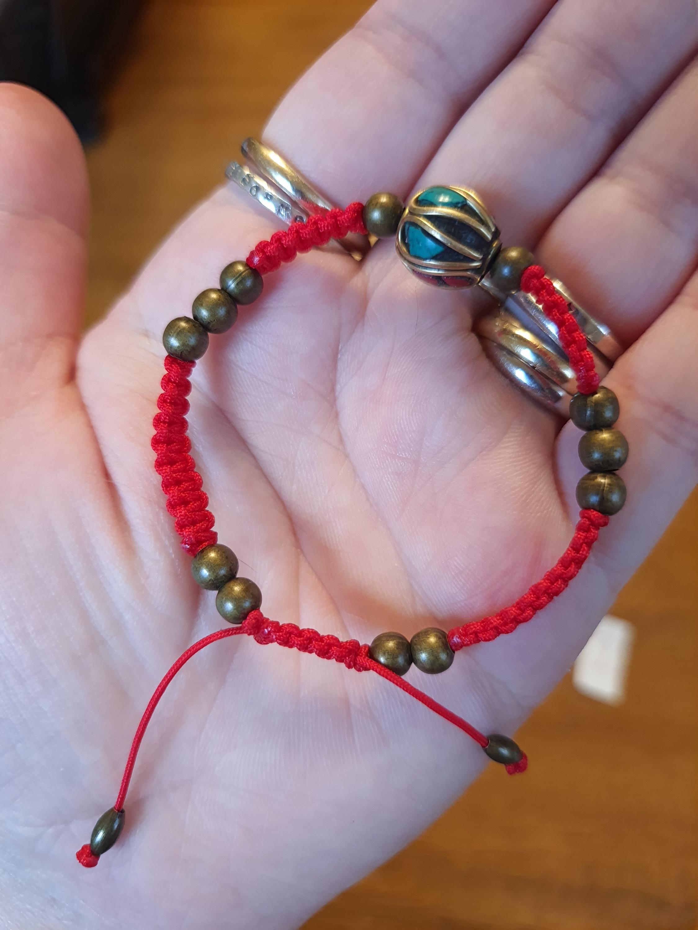 Tibetan Coral and Turquoise Brass Bead Red String Shamballa Meditation Bracelet轉運紅繩手鍊