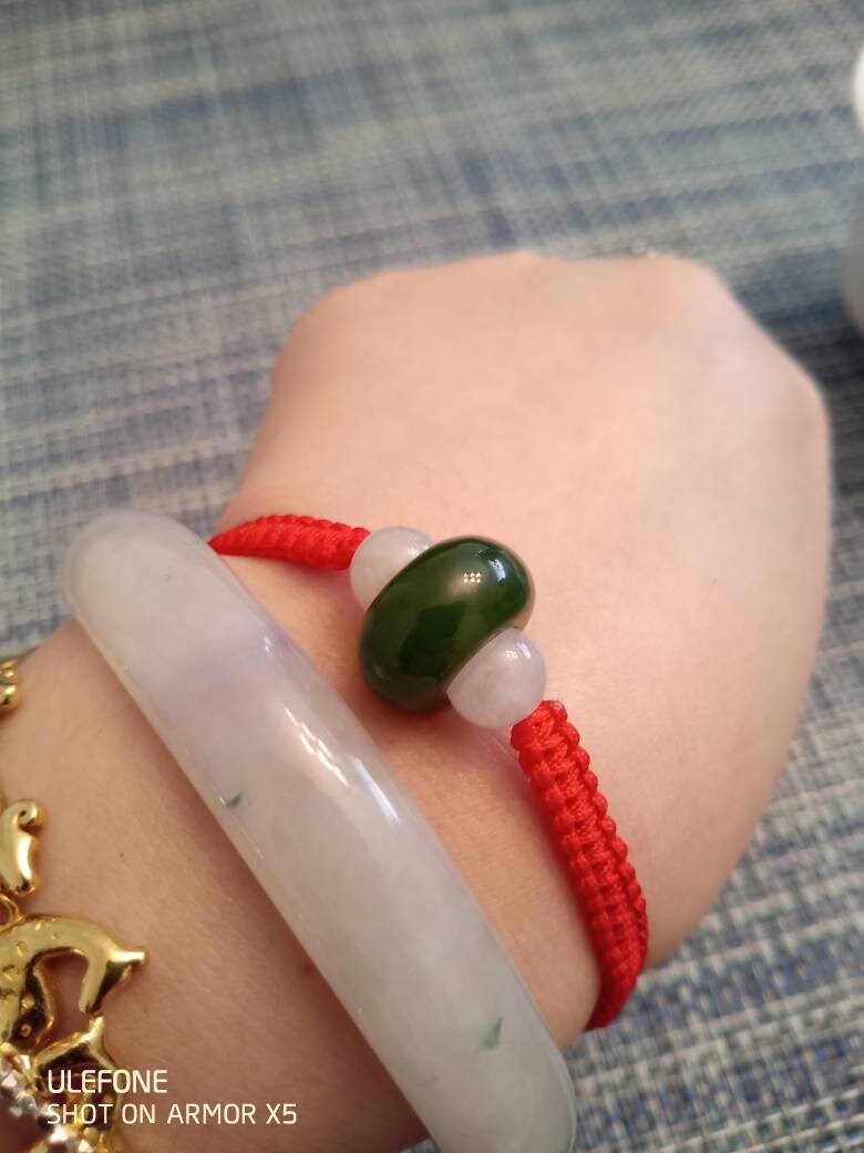 Lucky Red String Bracelet with one Natural Canadian Green Nephrite Jade Barrel Beads and Four Burmese White Jadeite Jade Shamballa Beads
