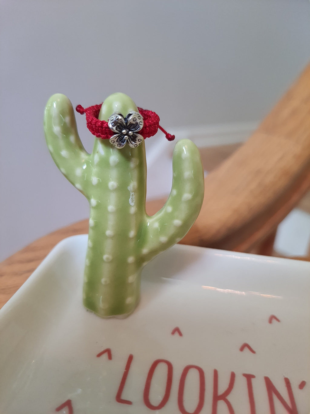 925S Sterling Silver Flower Red String Shamballa Ring