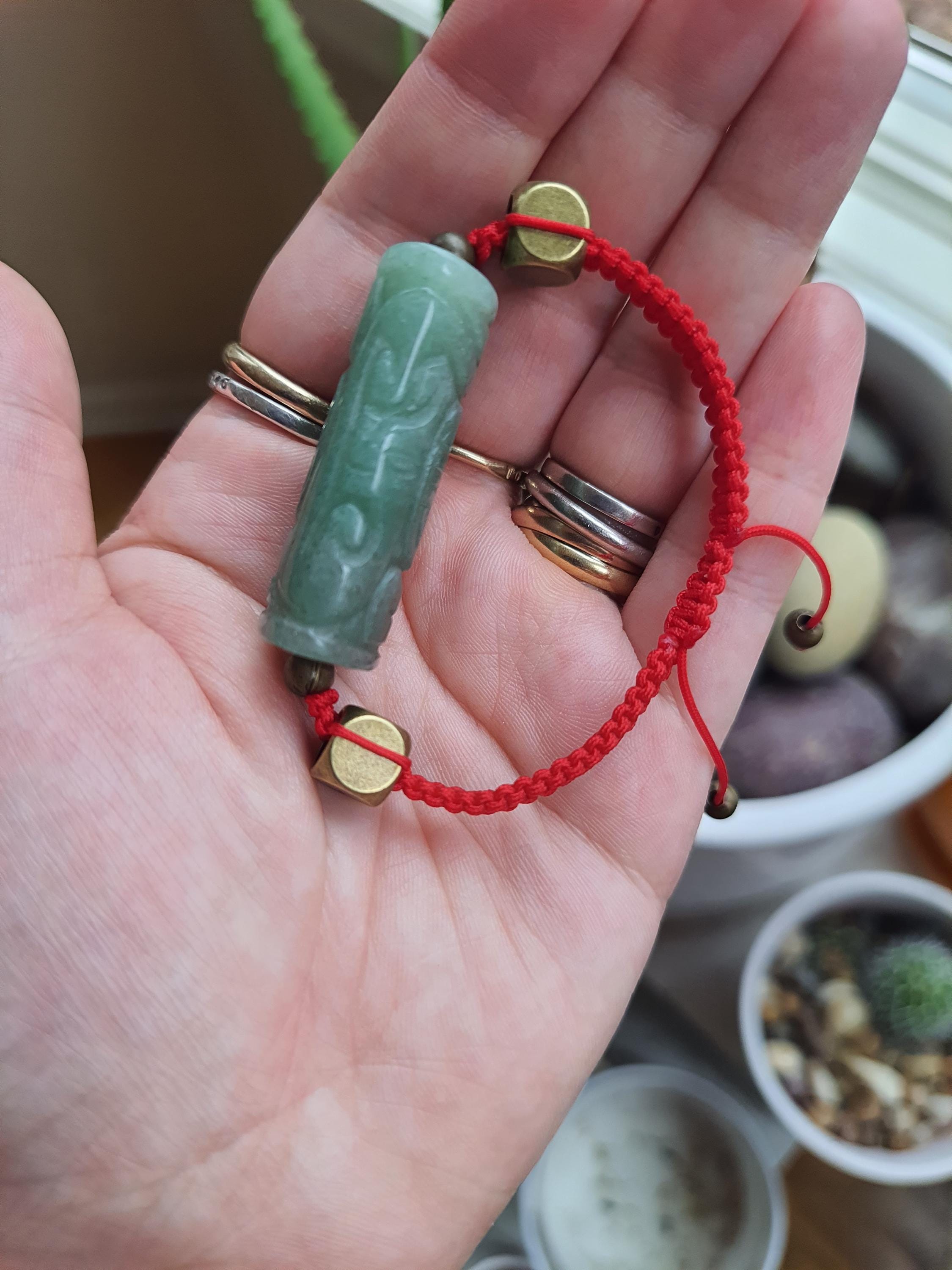 Natural Carved Aventurine Chinese Lucky Charm Red String Shamballa Meditation Bracelet轉運紅繩手鍊