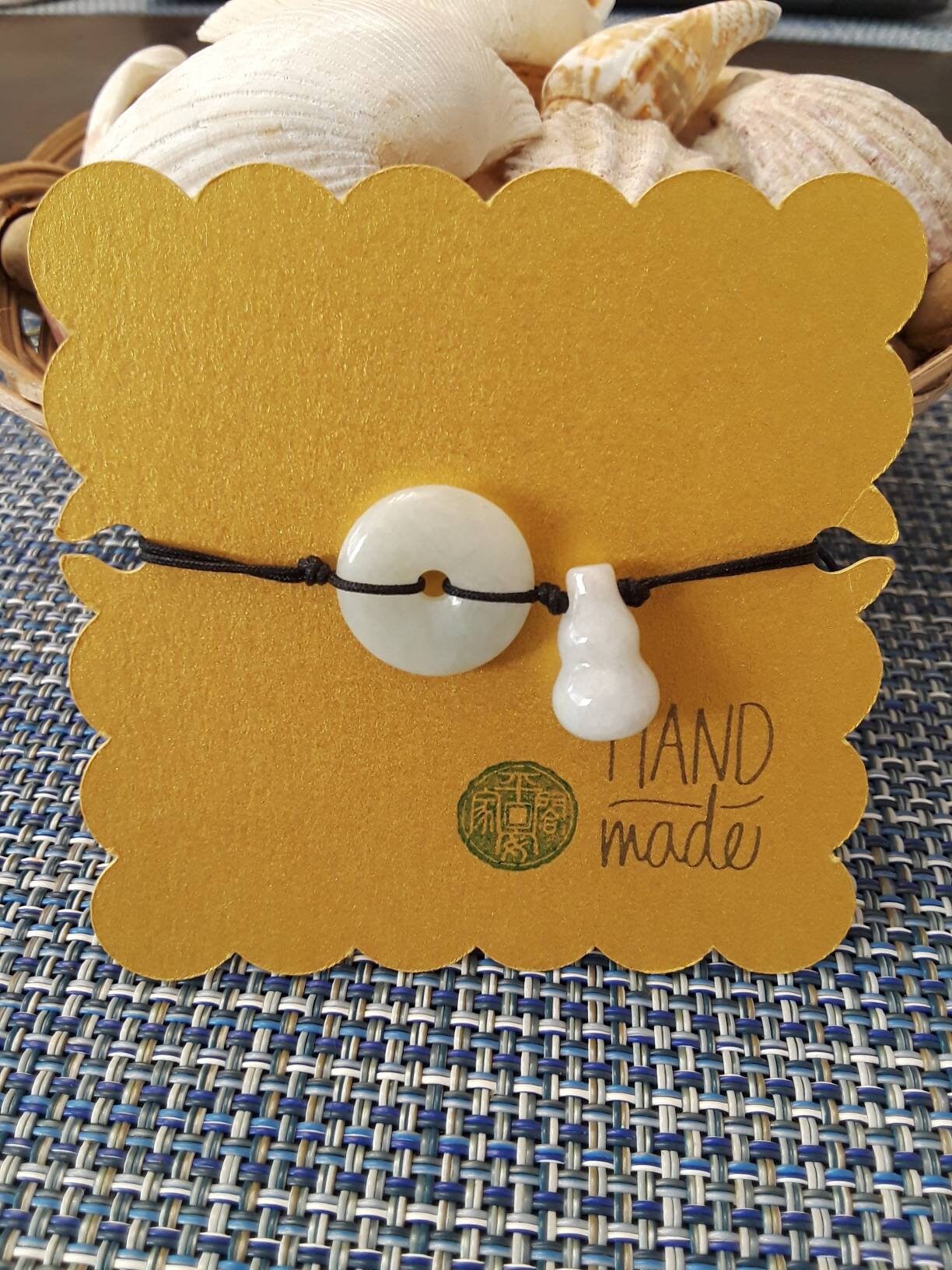 Natural Jadeite Jade Donut and Hulu Red String Rope Thread Bracelet