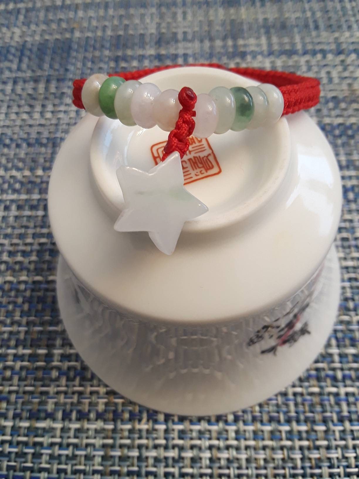 Natural Burmese Jadeite Jade Carved Star Charm and Flat Round Beads Chinese Red String Shamballa Bracelet緬甸玉雕刻星星幸運紅繩手鍊