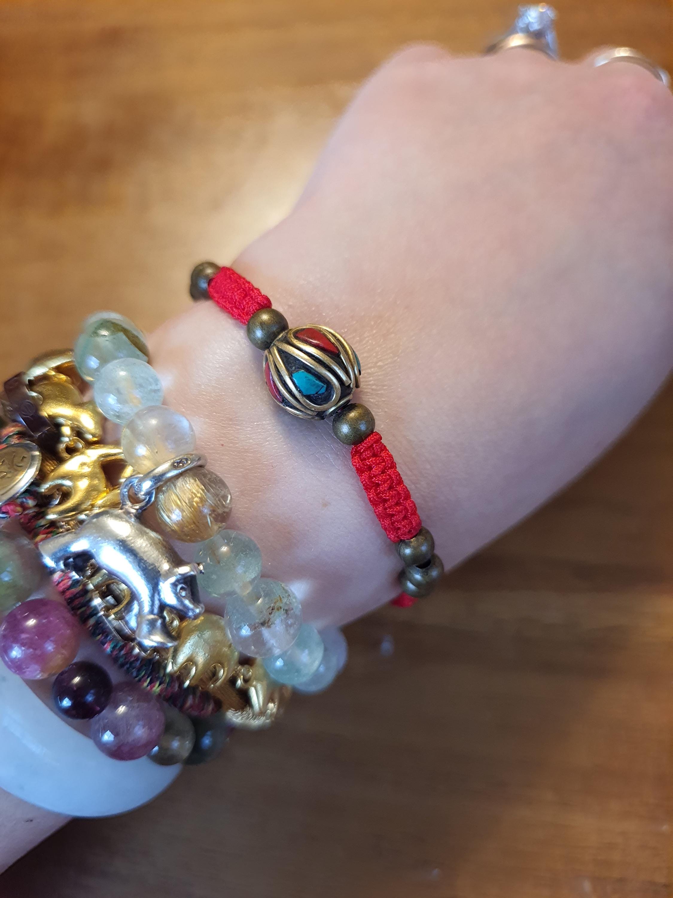 Tibetan Coral and Turquoise Brass Bead Red String Shamballa Meditation Bracelet轉運紅繩手鍊