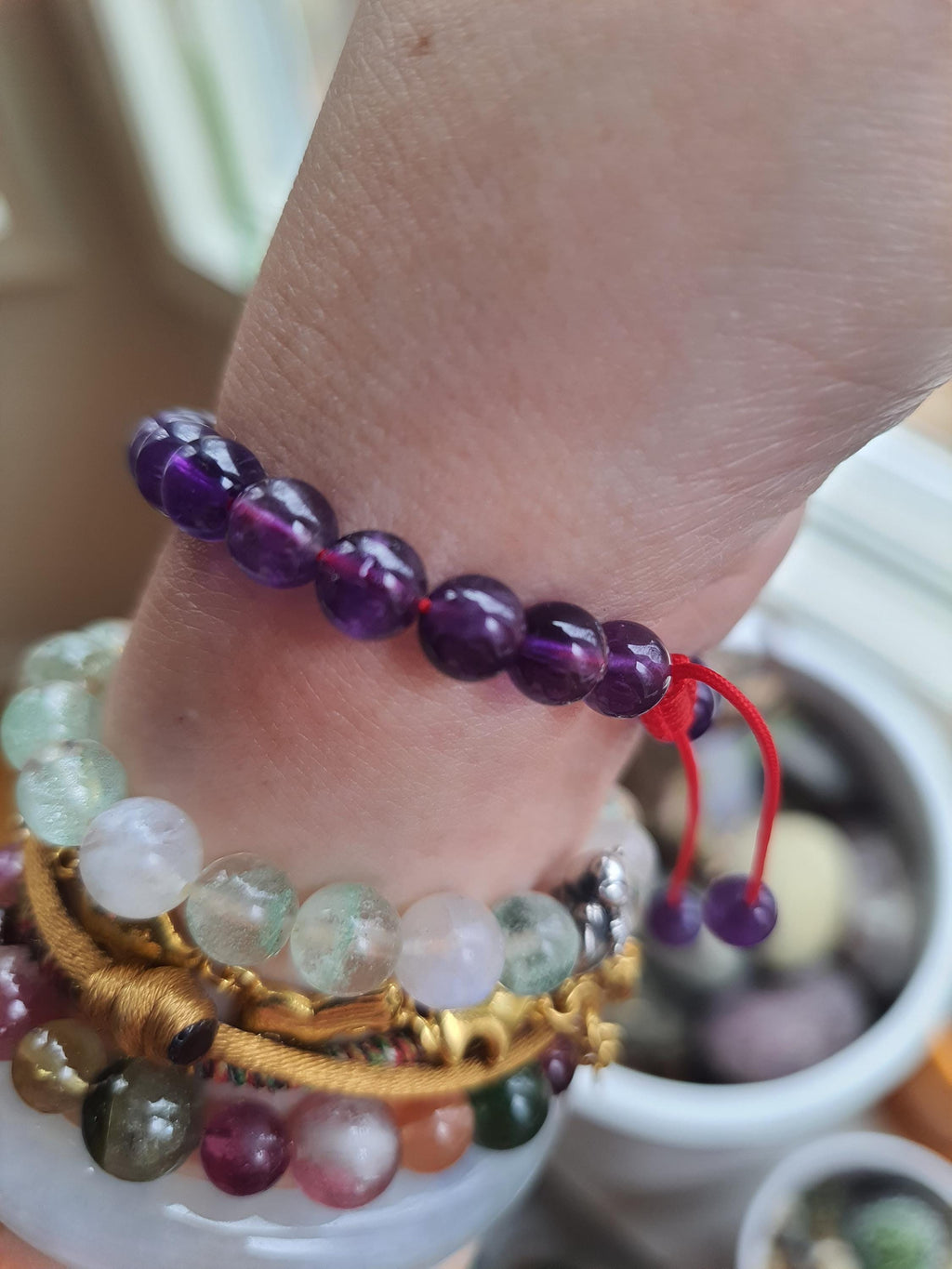Natural Amethyst Beads Red String Shamballa Meditation Bracelet