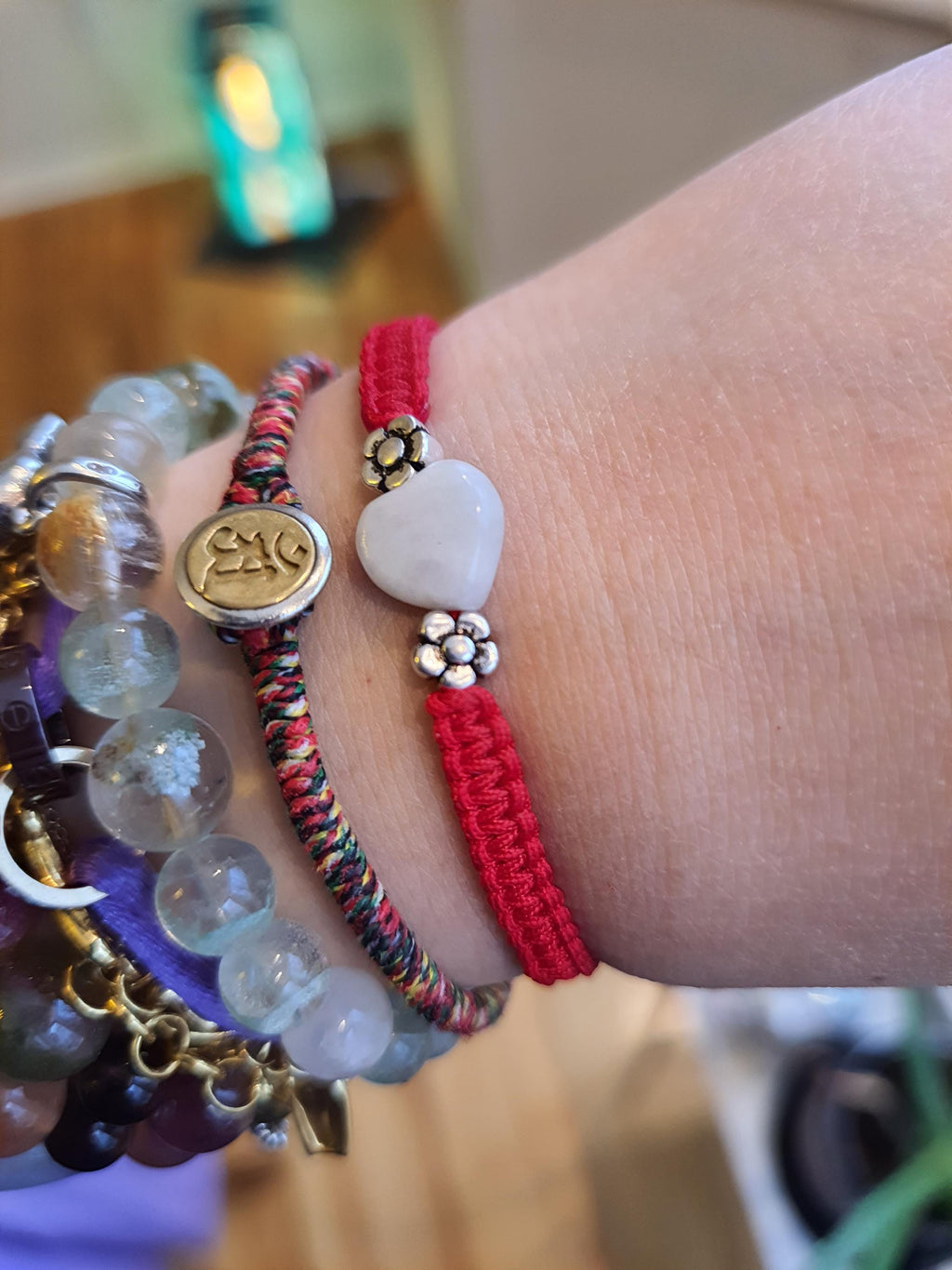 925S Sterling Silver Mini Flower beads and Heart Jadeite Jade Lucky Red String Shamballa Bracelet