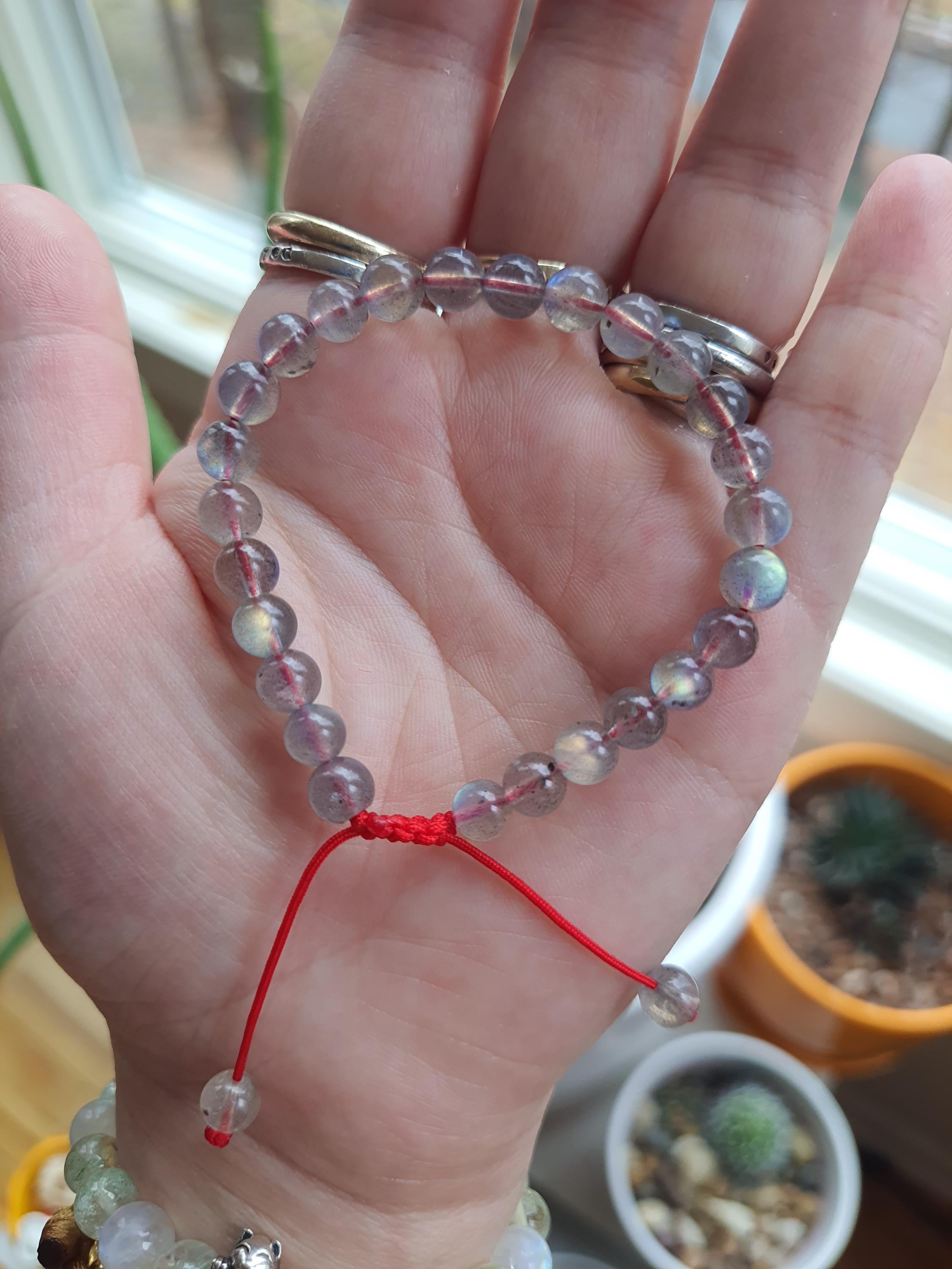 Natural Labradorite Beads Red String Shamballa Meditation Bracelet