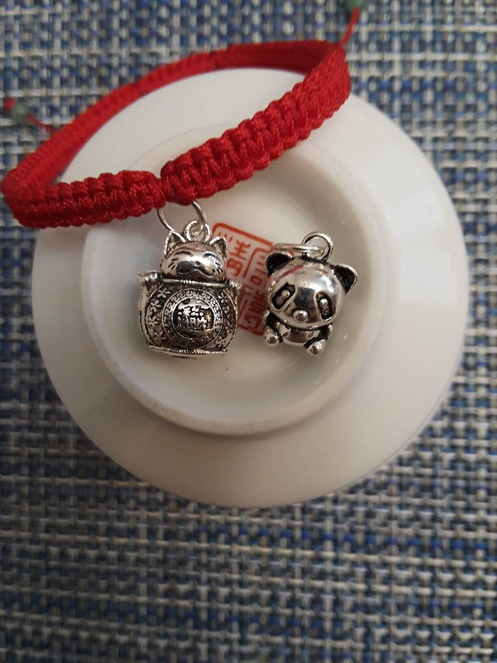 Sterling Silver Panda Lucky Chinese Red String Shamballa Bracelet