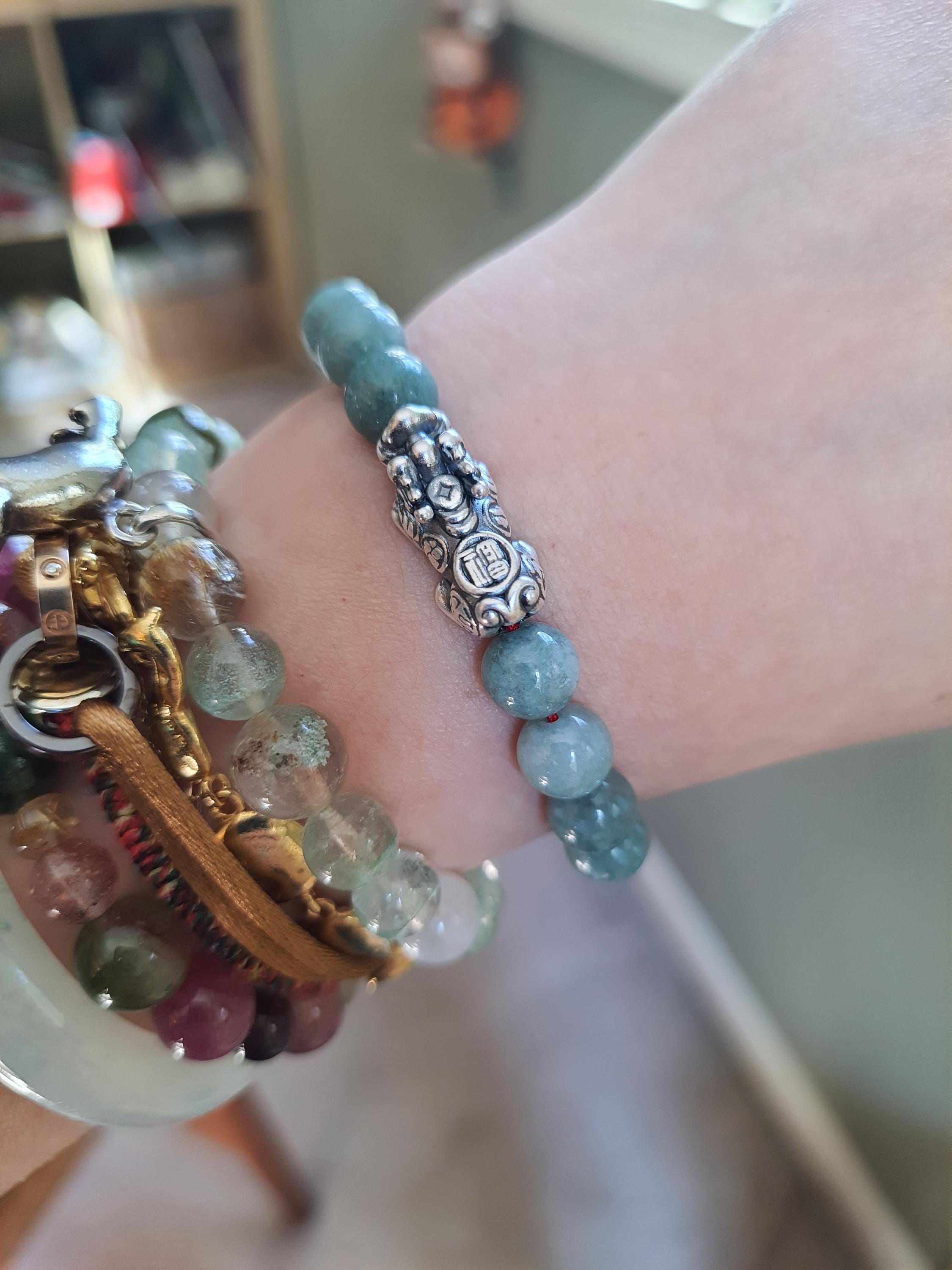 Sterling Silver Pixiu Chinese Red String Natural Burmese Jadeite Jade Bracelet