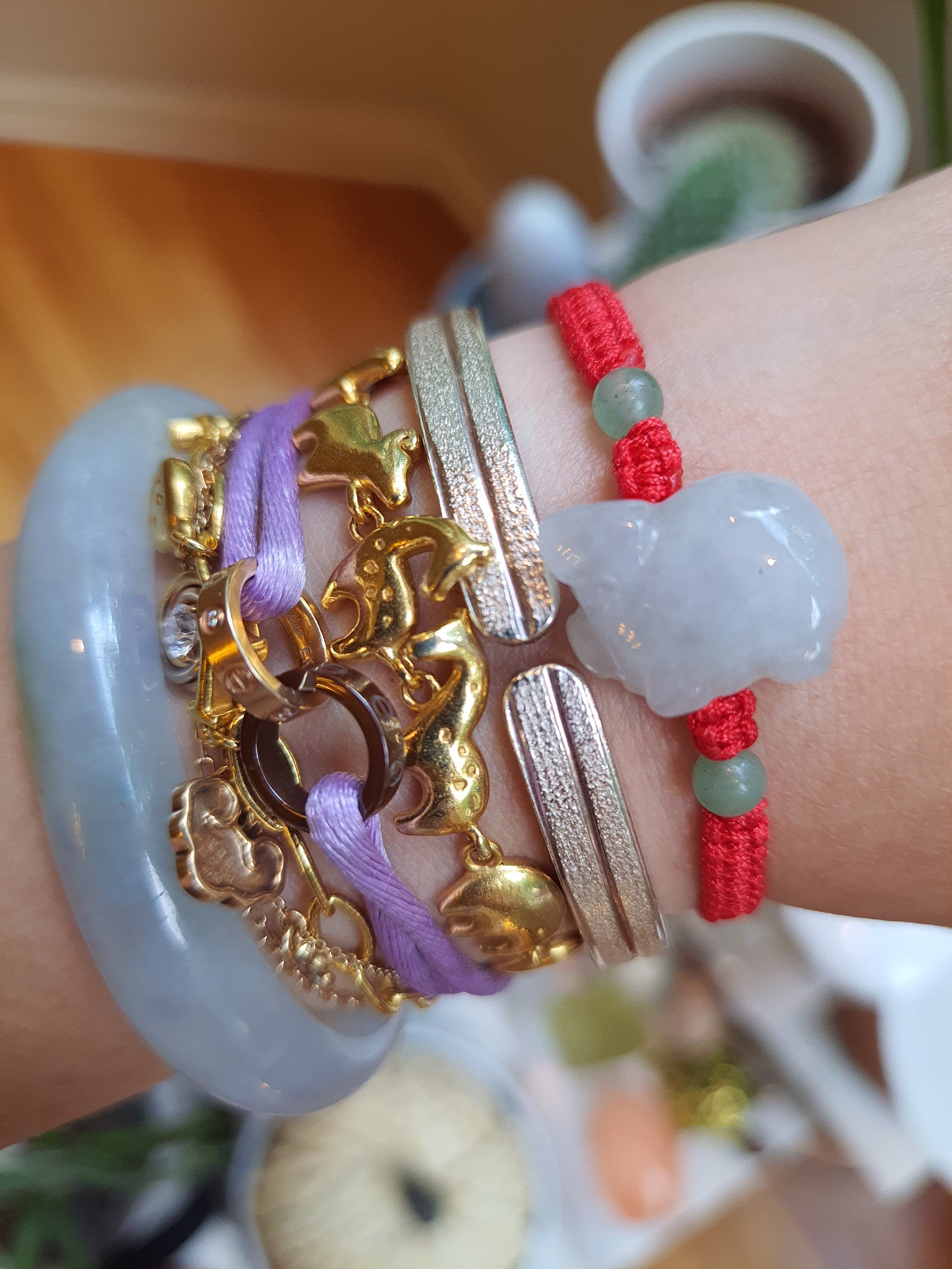 Natural Burmese Jadeite Jade Pig Zodiac Charm Red String Shamballa Bracelet