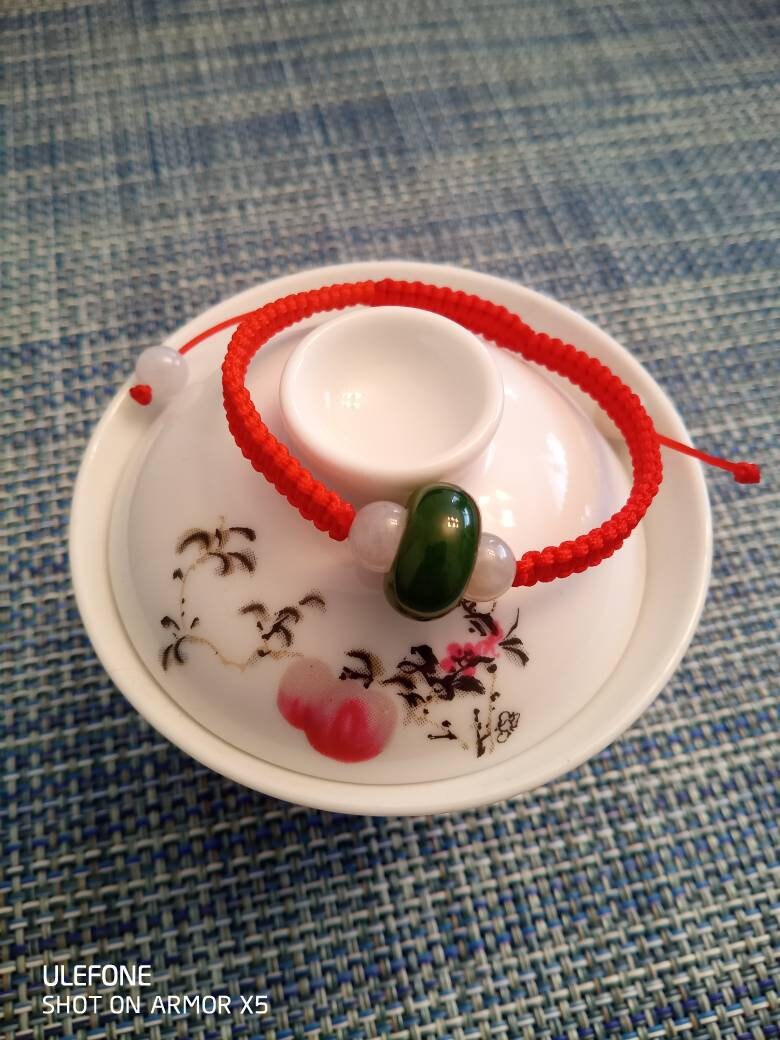 Lucky Red String Bracelet with one Natural Canadian Green Nephrite Jade Barrel Beads and Four Burmese White Jadeite Jade Shamballa Beads