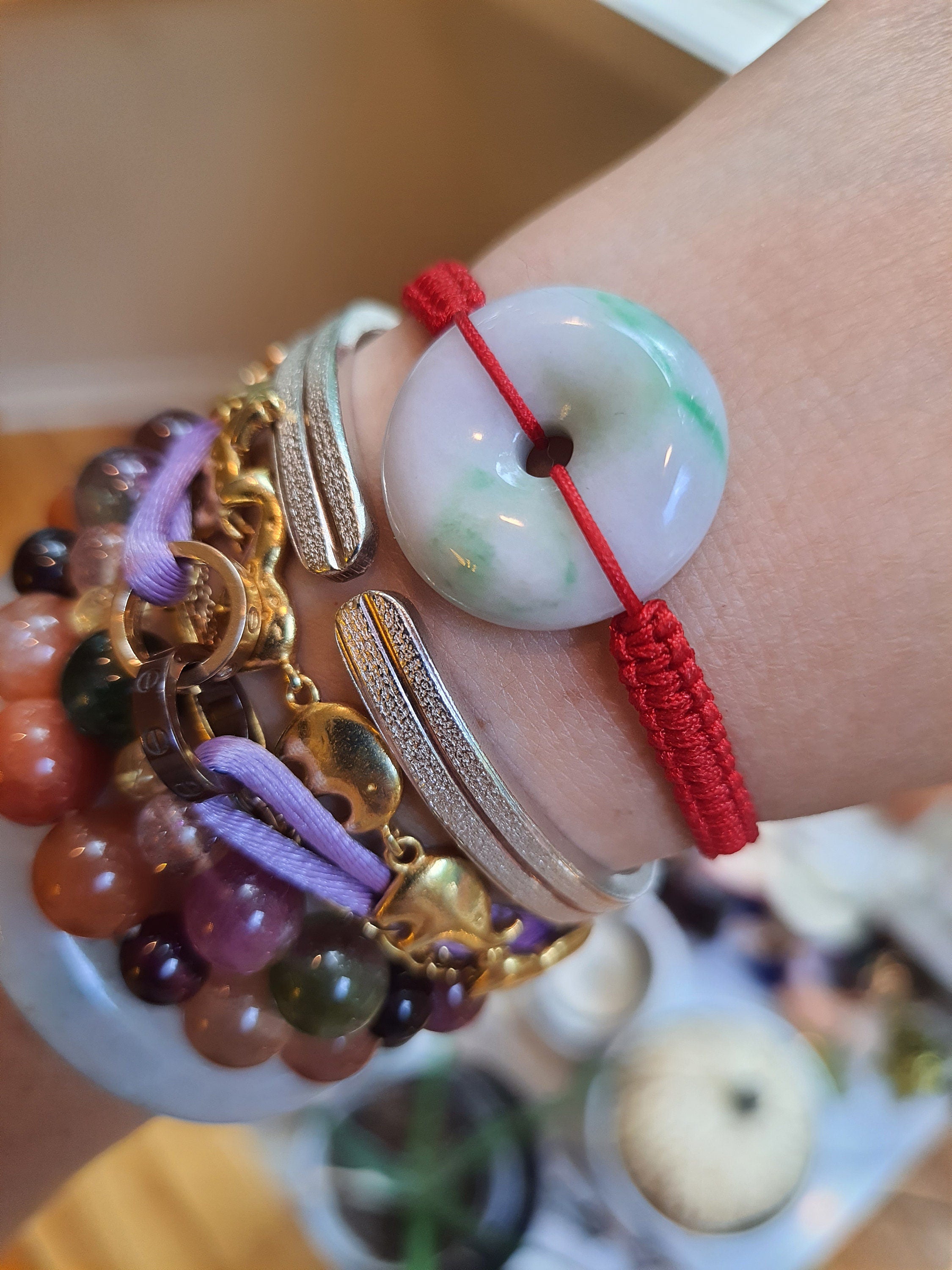Natural Burmese Jadeite Donut Charm Red String Shamballa Bracelet