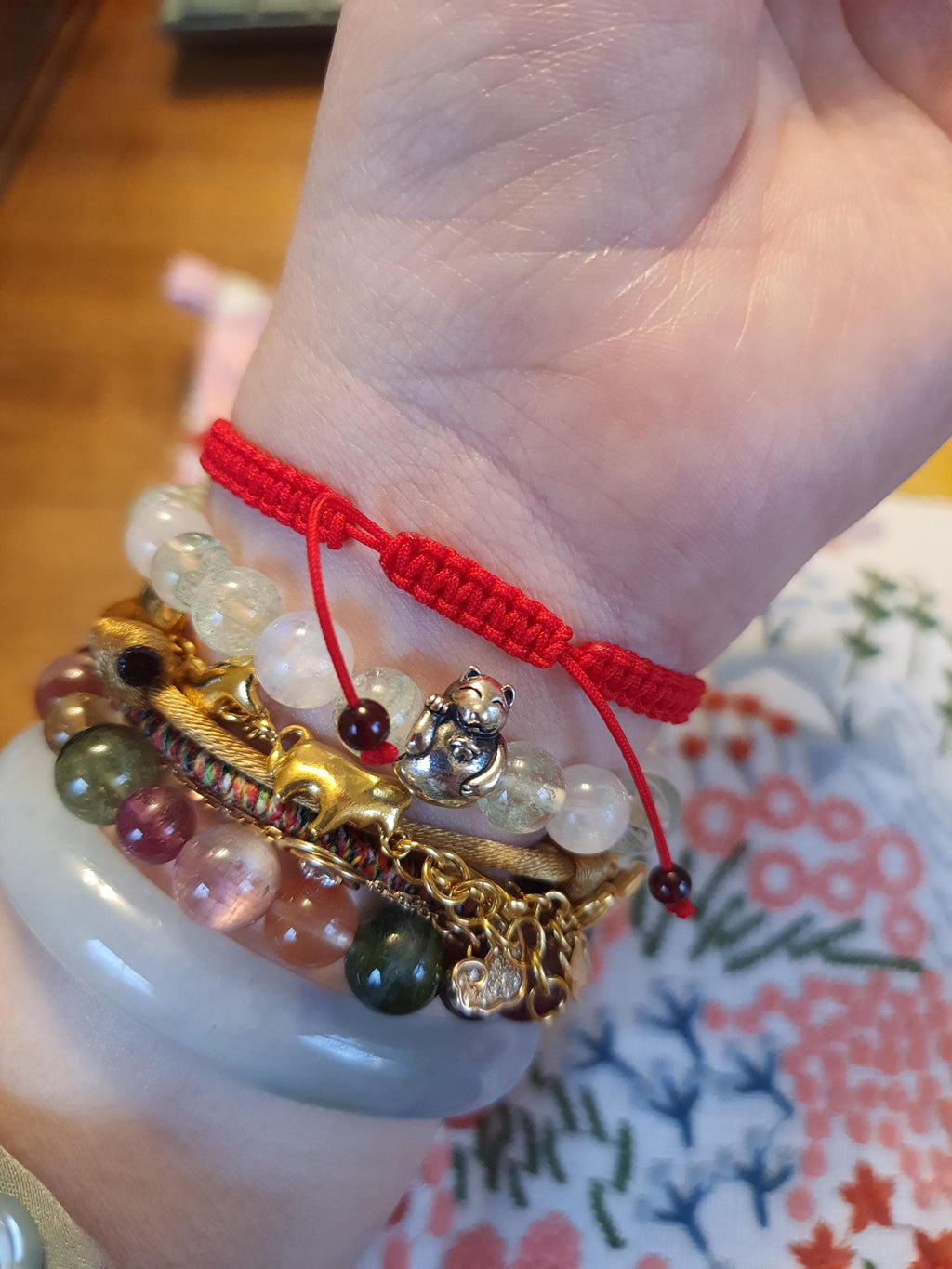 Canadian Green Nephrite Jade Bead Chinese Red String Shamballa Bracelet轉運紅繩手鍊