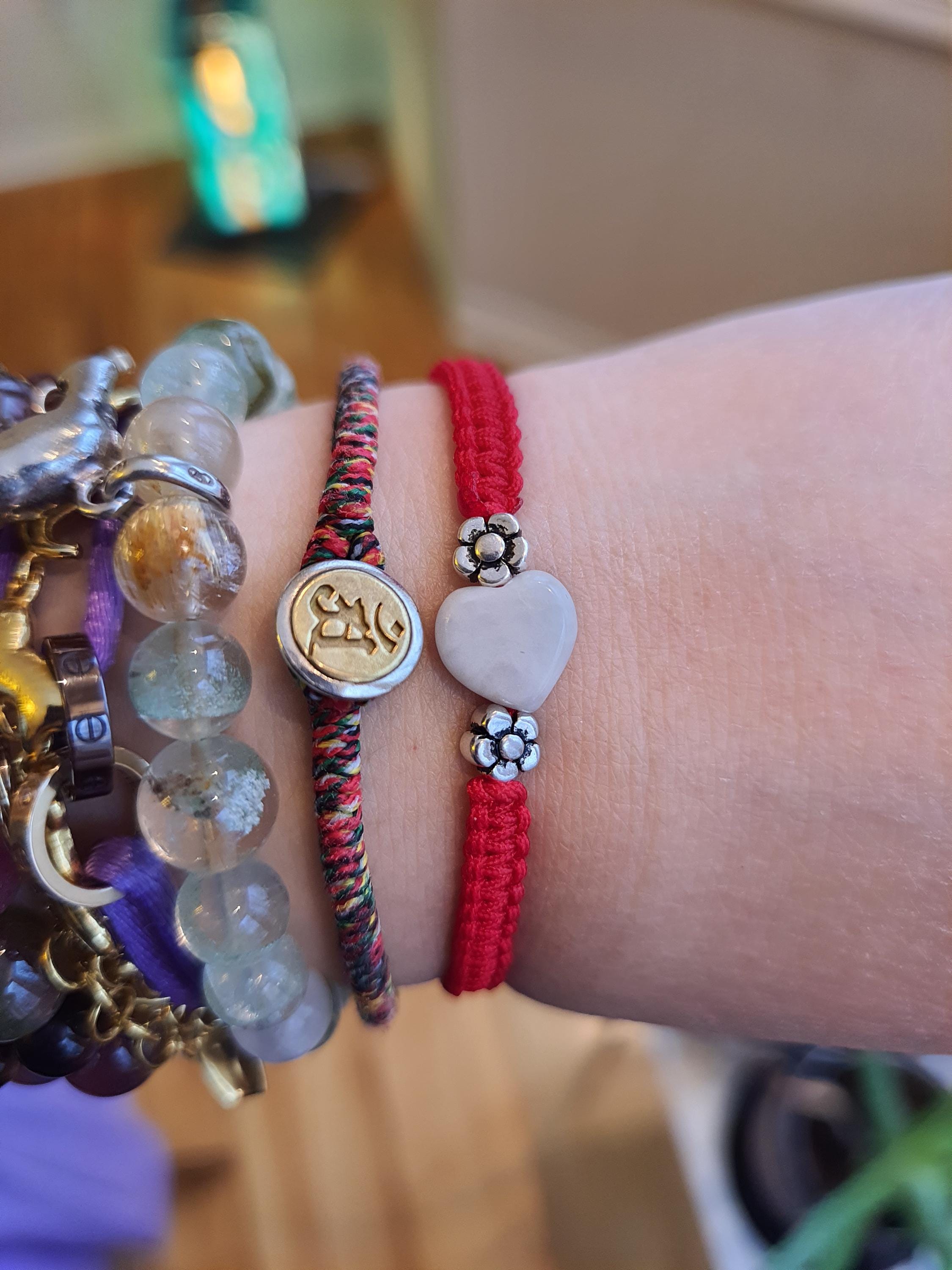925S Sterling Silver Mini Flower beads and Heart Jadeite Jade Lucky Red String Shamballa Bracelet