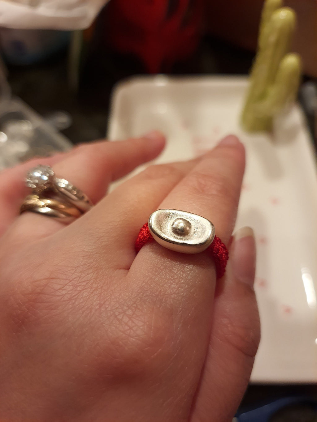 925S Sterling Silver Money/Ingot Lucky Red String Shamballa Ring