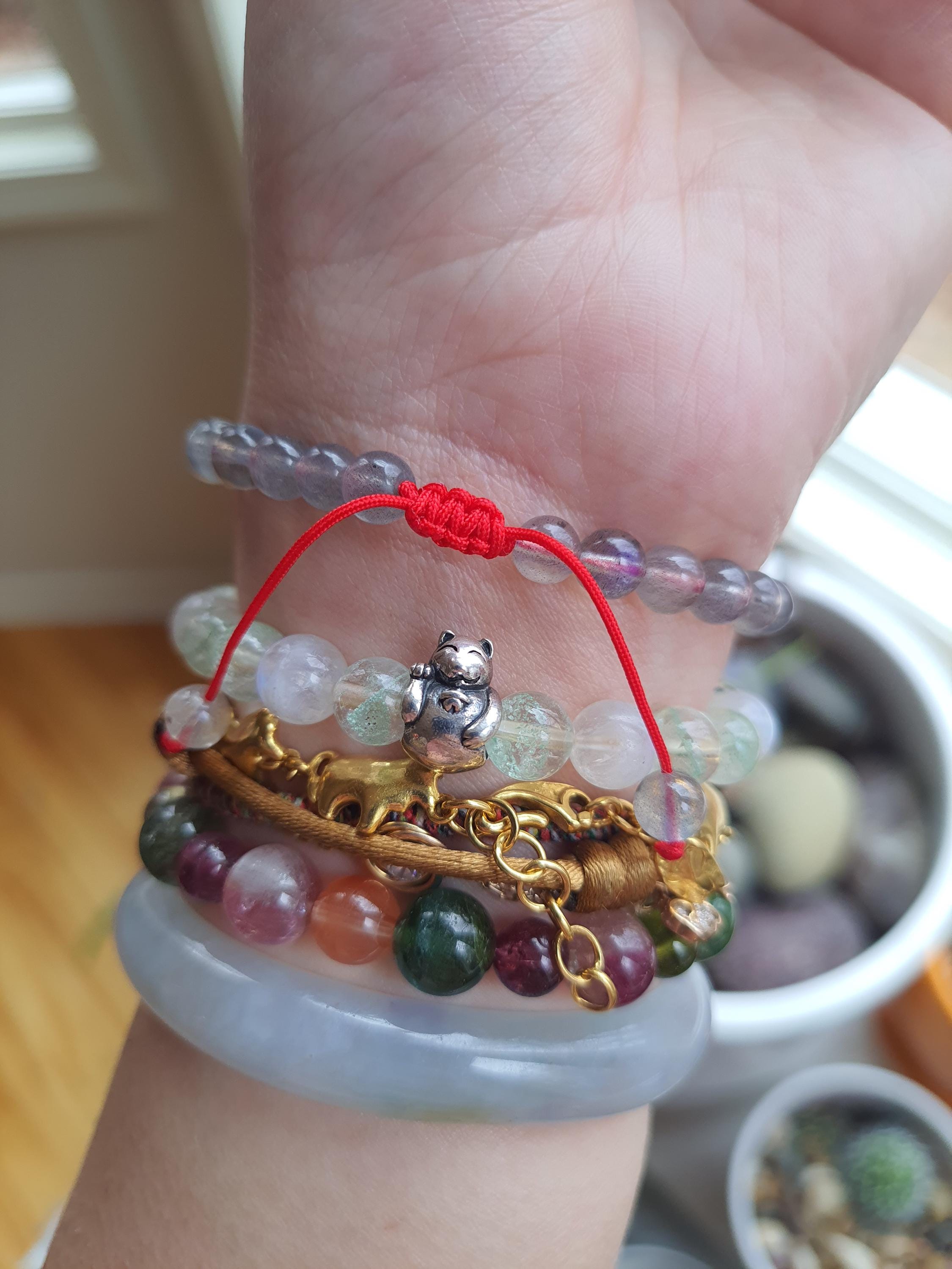 Natural Labradorite Beads Red String Shamballa Meditation Bracelet