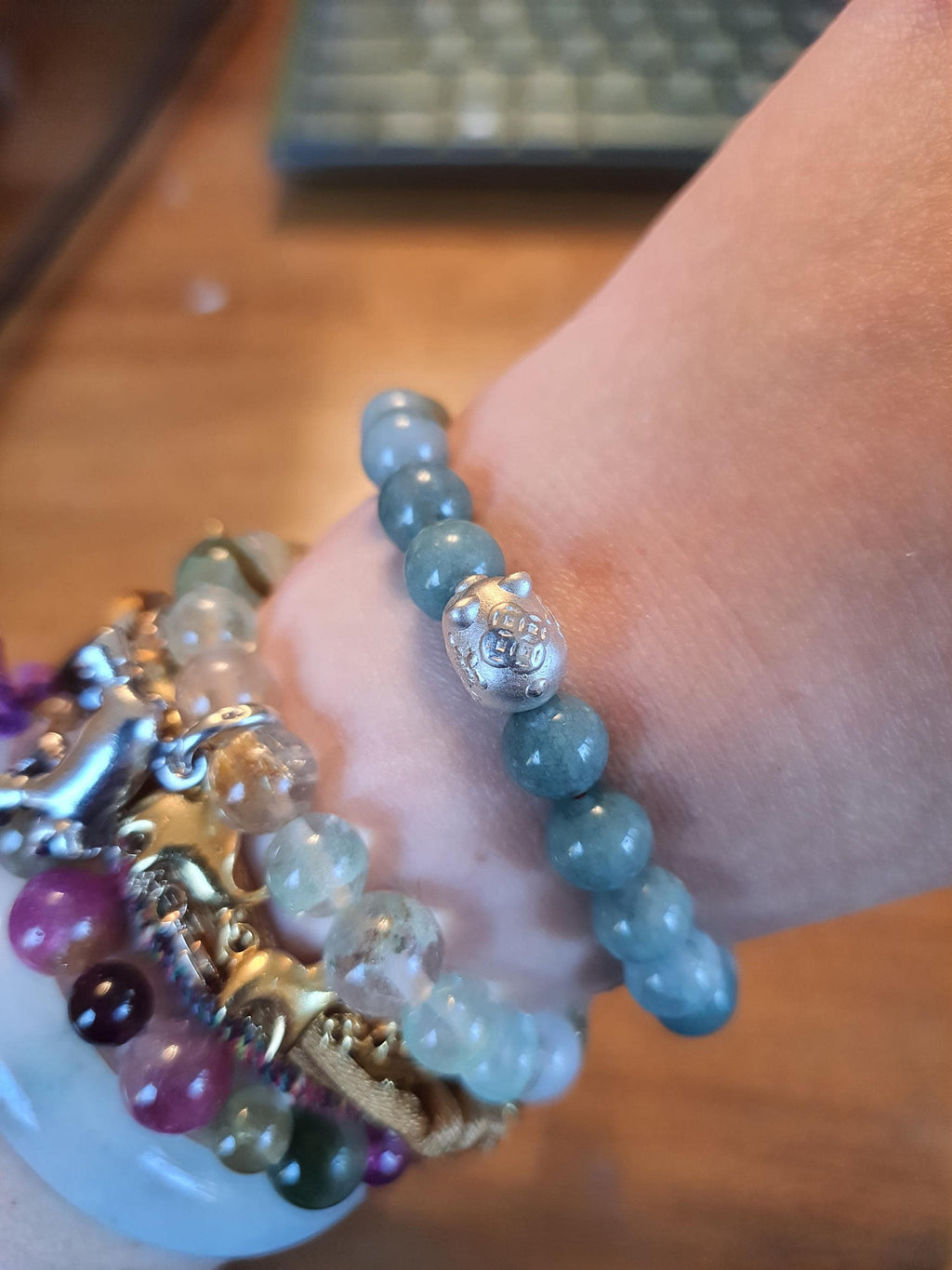 Sterling Silver Lucky Pig Charm Red String Natural Burmese Jadeite Jade Meditation Bracelet