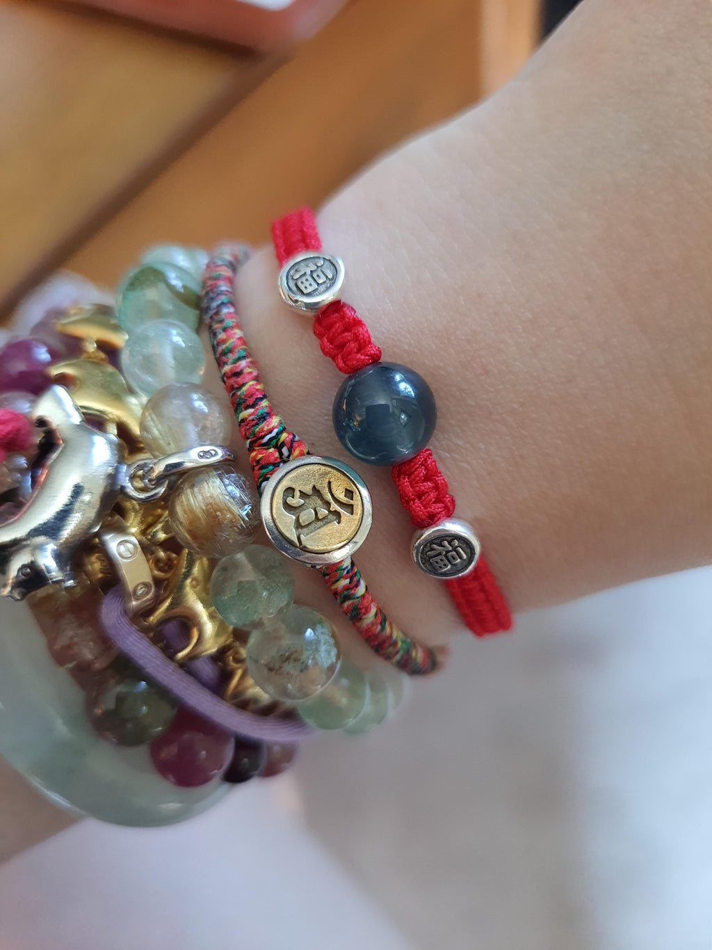 Sterling Silver Fu (Safe and Sound) Bead and Untreated Guatemala Jadeite Jade Bead Lucky Chinese Red String Shamballa Bracelet