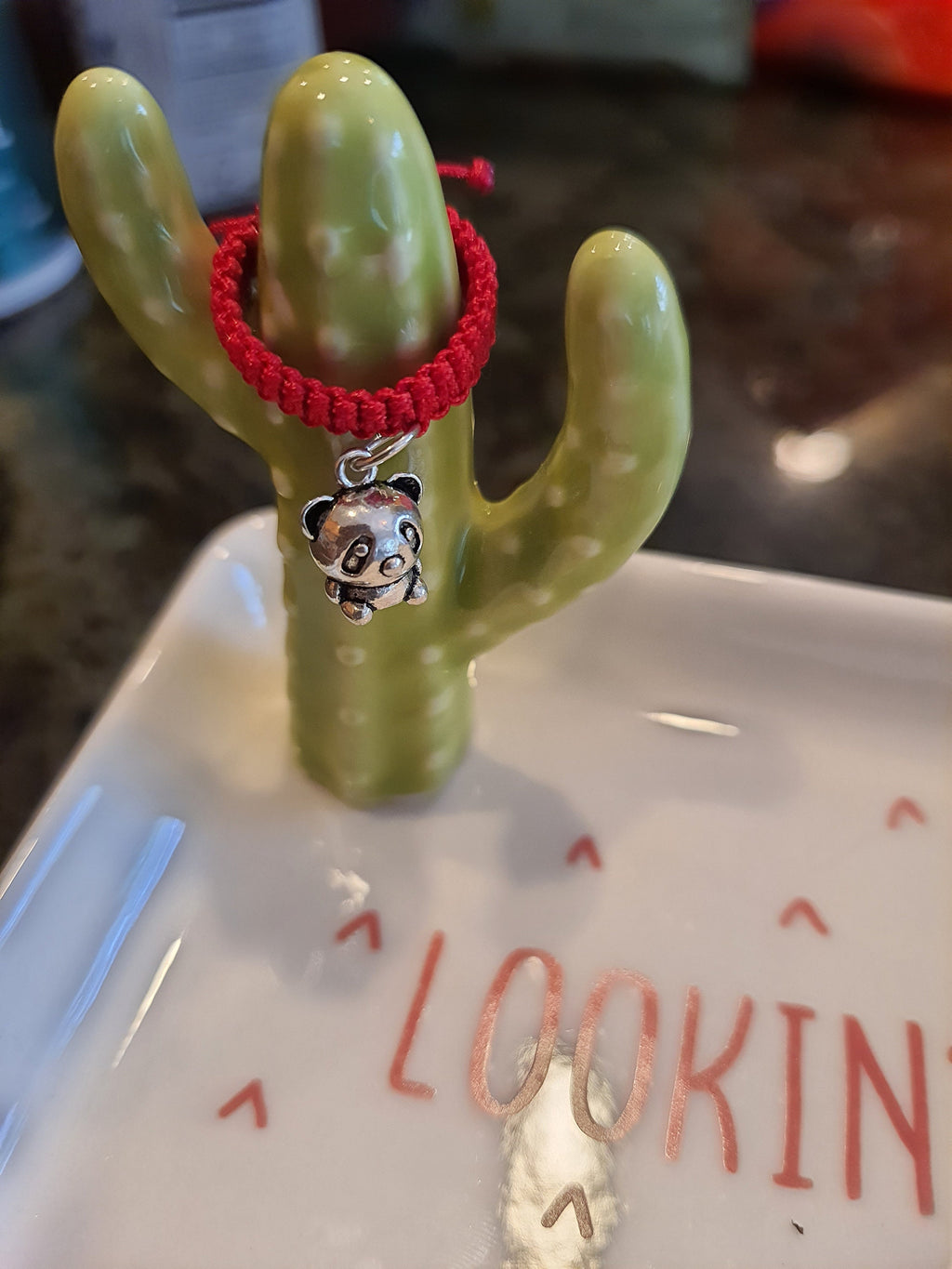 925S Sterling Silver Panda Bear Red String Shamballa Ring